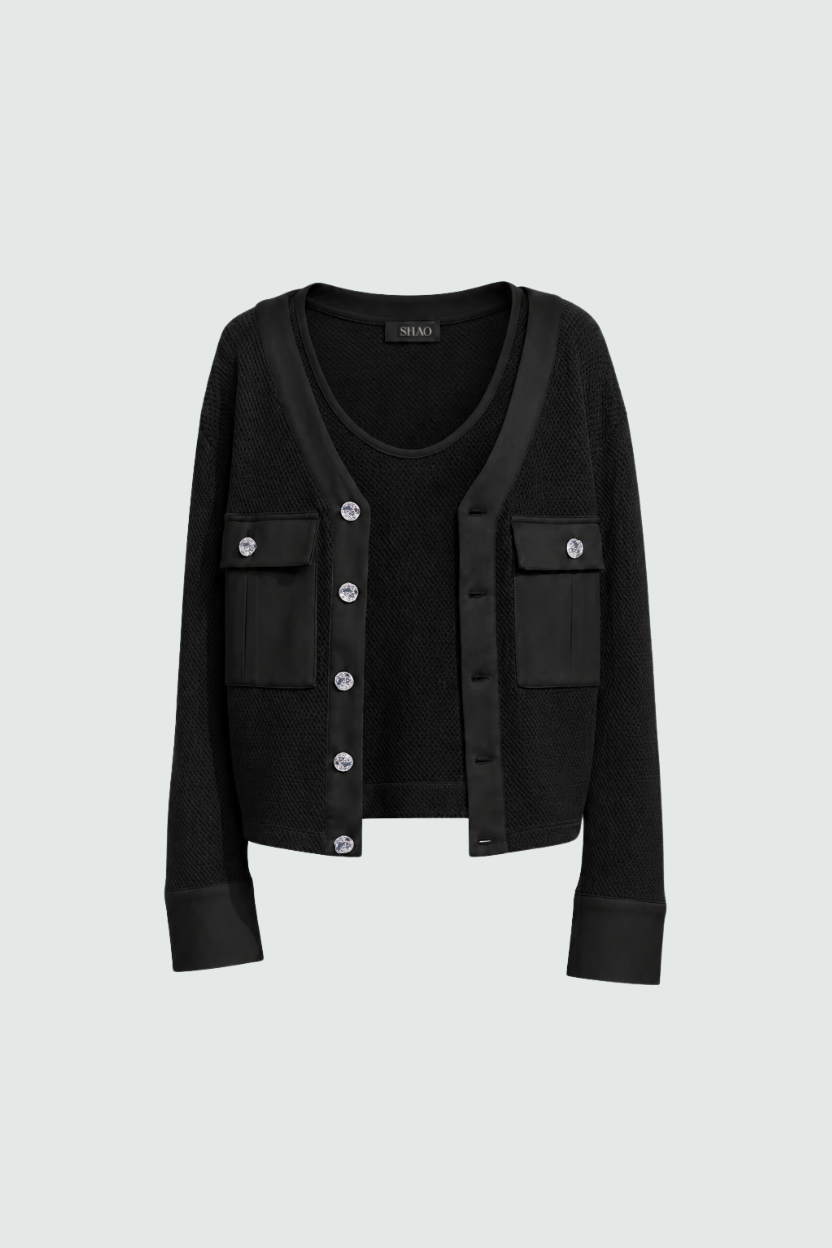 Black Textured Cropped Cardigan Twinset featuring a deep V-neck sleeveless top and a matching button-front cardigan with textured knit, flap pockets, and satin trim accents, exemplifying SHAO New York bespoke tailoring and luxury designer fashion.