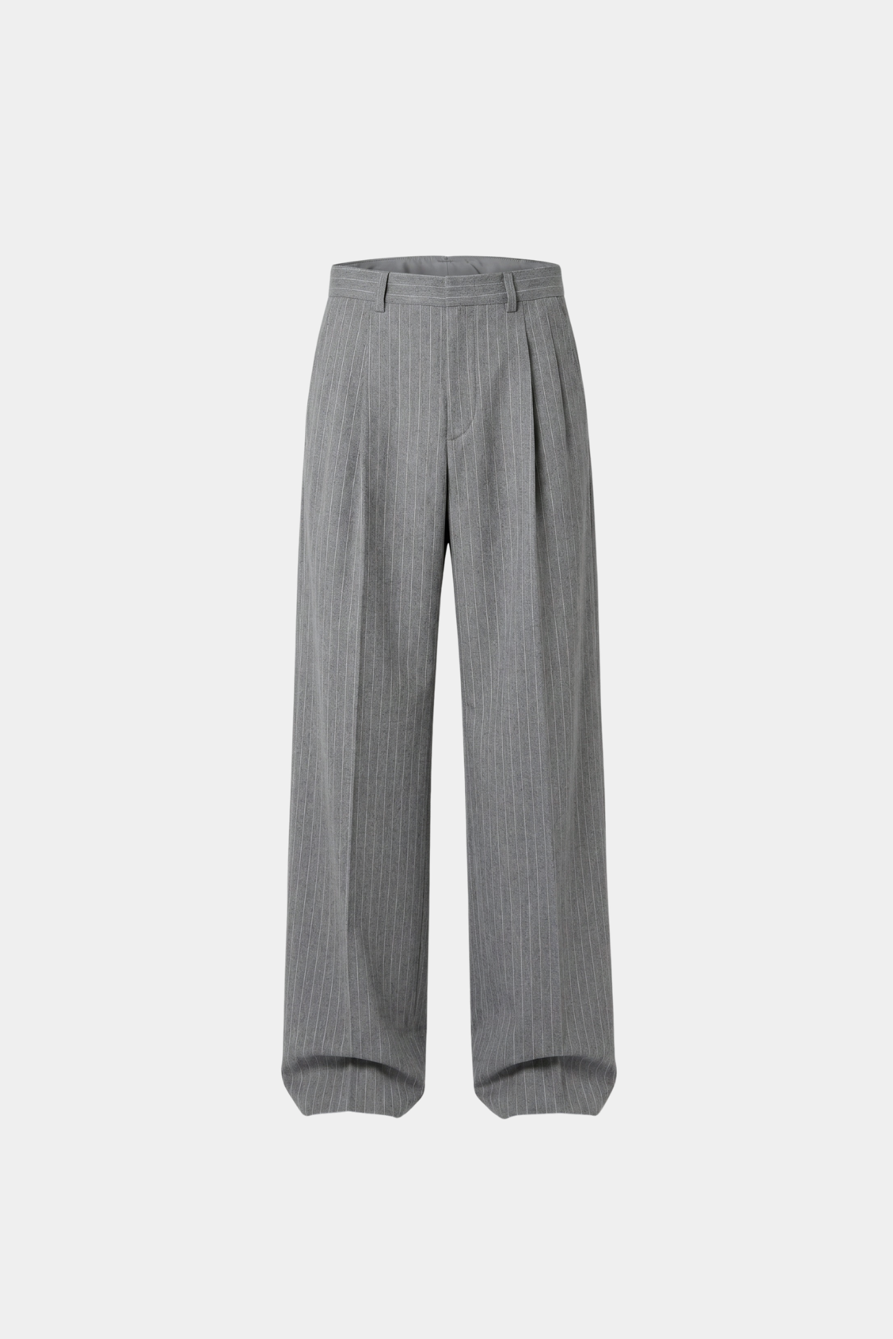 Grey Pinstripe Stacked Trousers featuring a high-waisted design with vertical pinstripes, wide leg silhouette, and tailored pleats, embodying SHAO New York luxury designer fashion and bespoke tailoring.