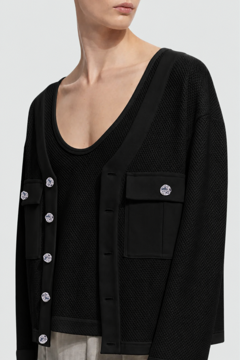Black Textured Cropped Cardigan Twinset featuring a deep V-neck sleeveless top and a matching open-front cardigan with flap pockets and crystal buttons, showcasing SHAO New York bespoke tailoring and luxury designer fashion.