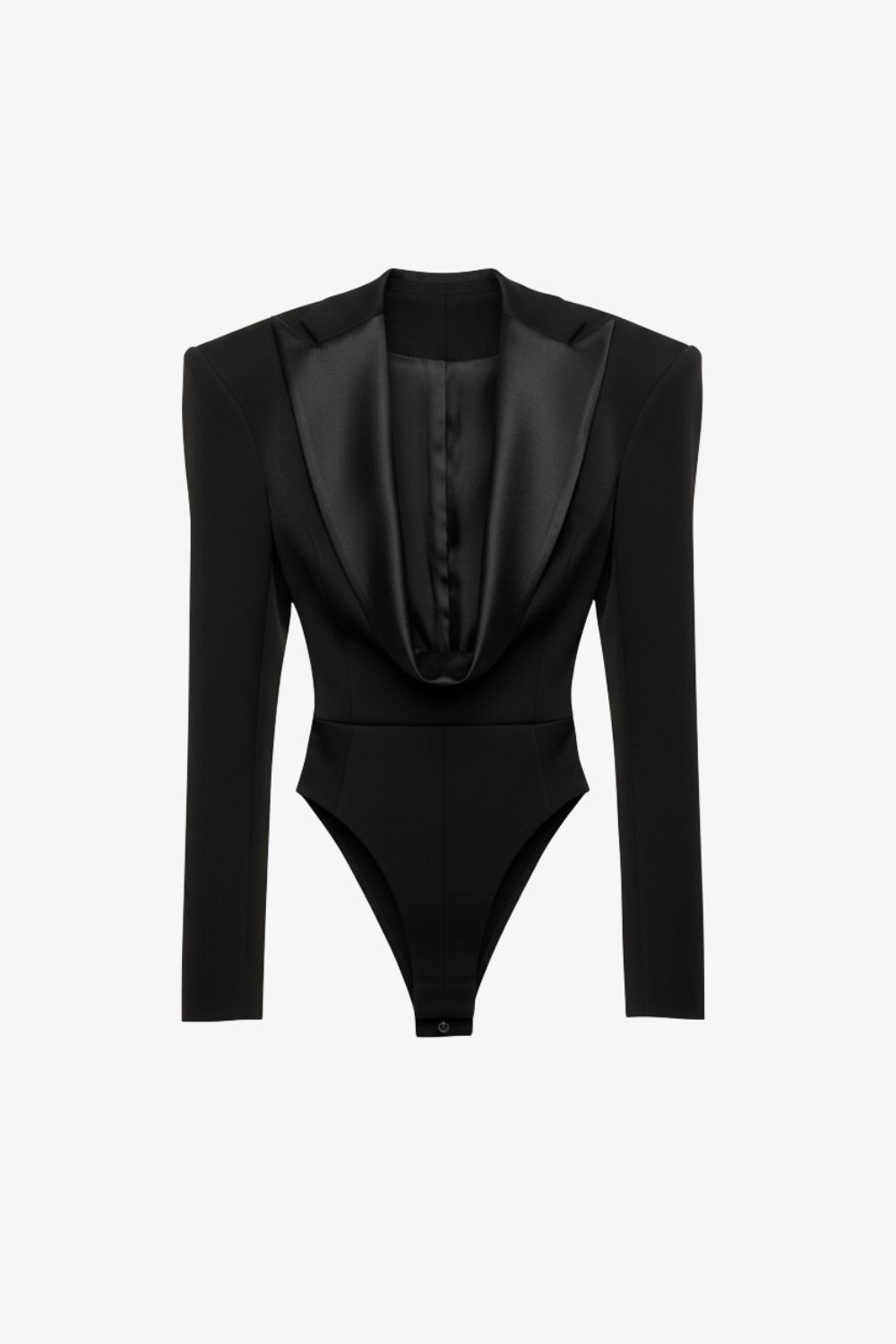 Black Tuxedo Bodysuit featuring a sculptural shawl collar with satin lapels, structured shoulders, and tailored long sleeves, showcasing SHAO New York bespoke tailoring and luxury designer fashion.