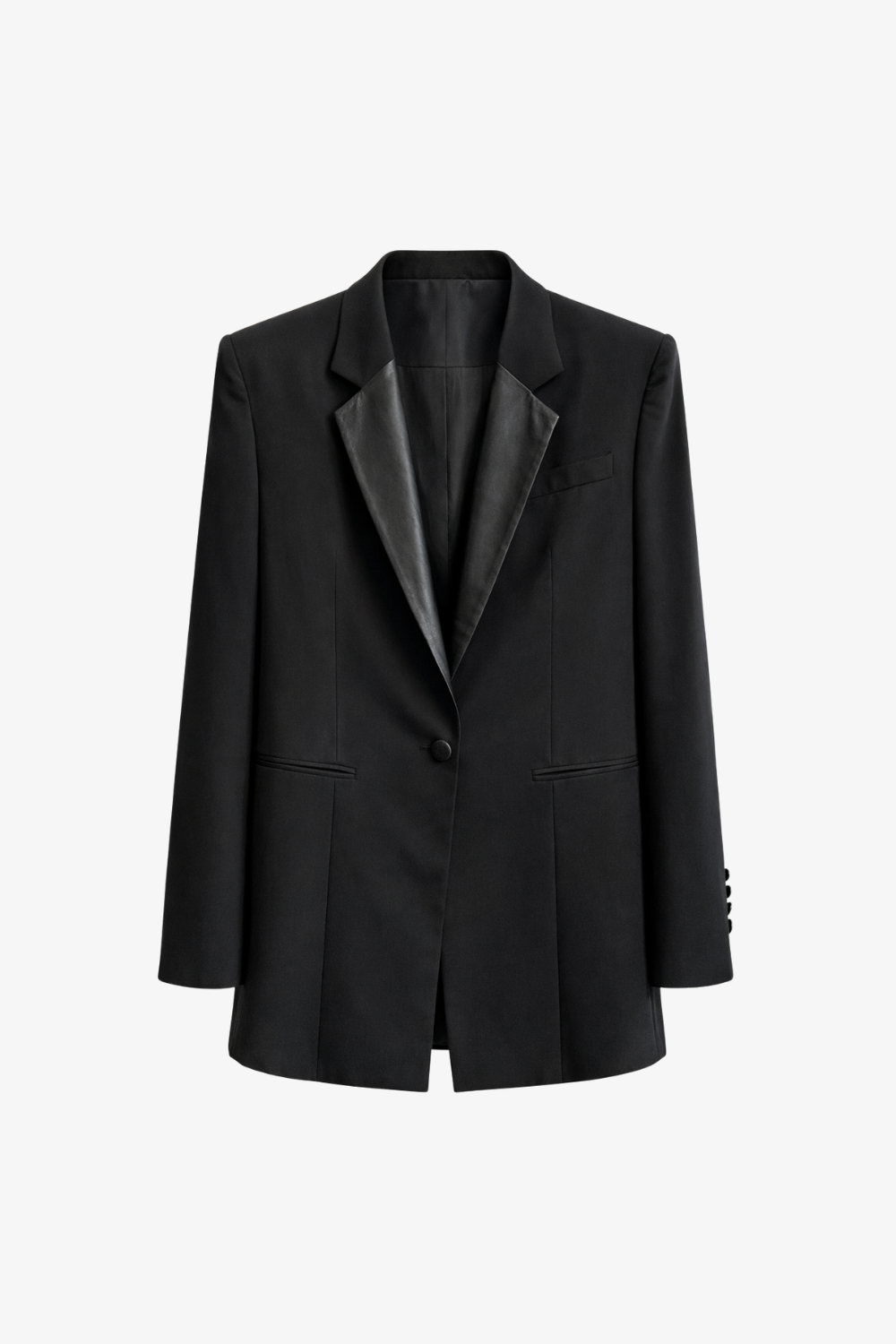 A black single-breasted blazer with structured shoulders, notched lapels, and a glossy black satin inner lining, shown against a plain light gray background.