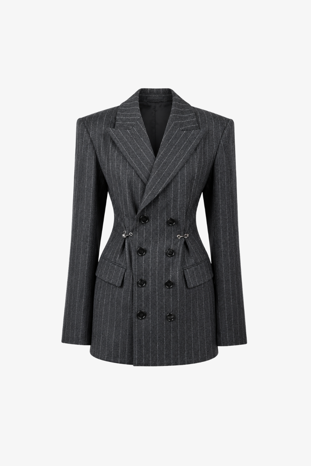 A dark gray double-breasted pinstripe blazer with structured shoulders and a belted waist, shown against a plain white background.