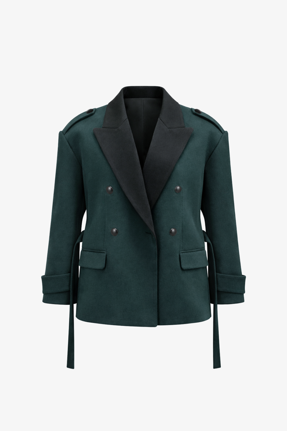 A dark green double-breasted blazer with black satin lapels, shown on a clean white background.
