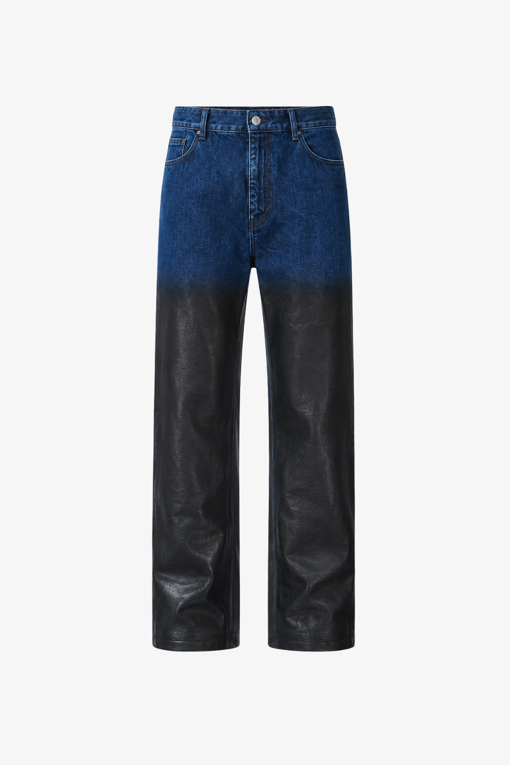 A pair of wide-leg jeans featuring a blue-to-black color-blocked design, with a blue denim upper half and a black faux-leather lower half, shown against a plain light gray background.