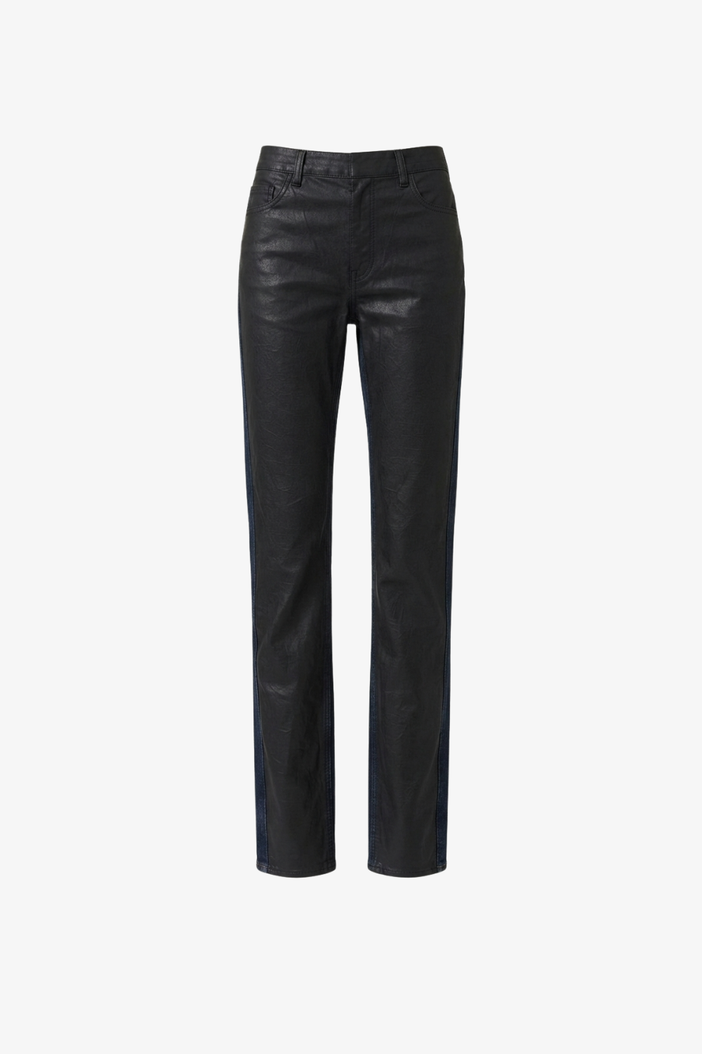 Black leather-look straight-leg jeans shown flat against a light gray background.