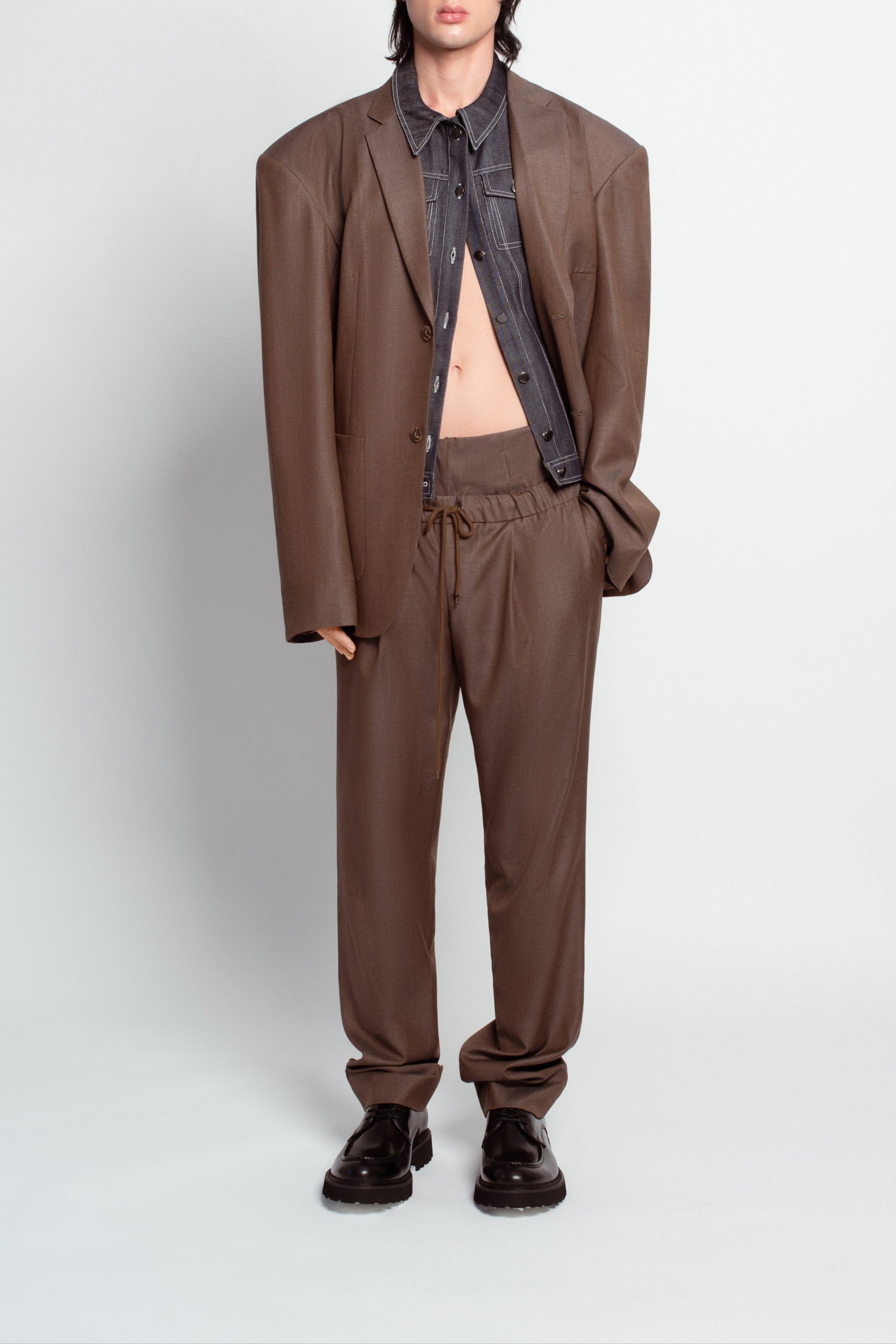 Warm Brown Oversized Blazer – Removable Denim Dickie Detail