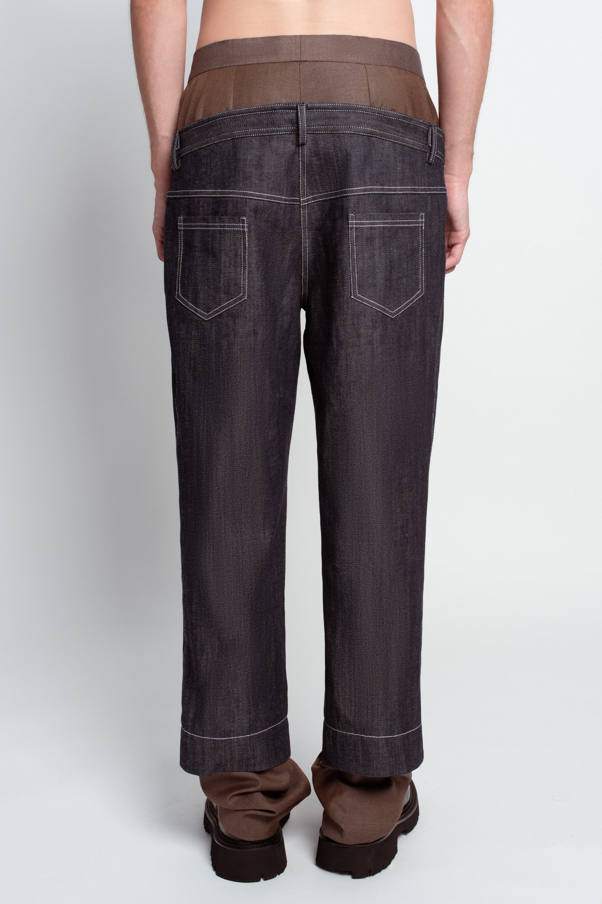 Blue Denim Dual-Layer Trousers – Warm Brown Base Construction