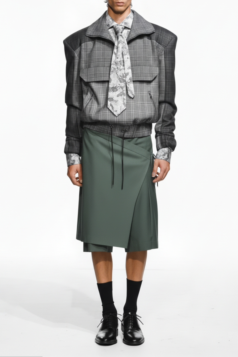 Person wearing a plaid shirt, vest, and green skirt with black shoes on a white background