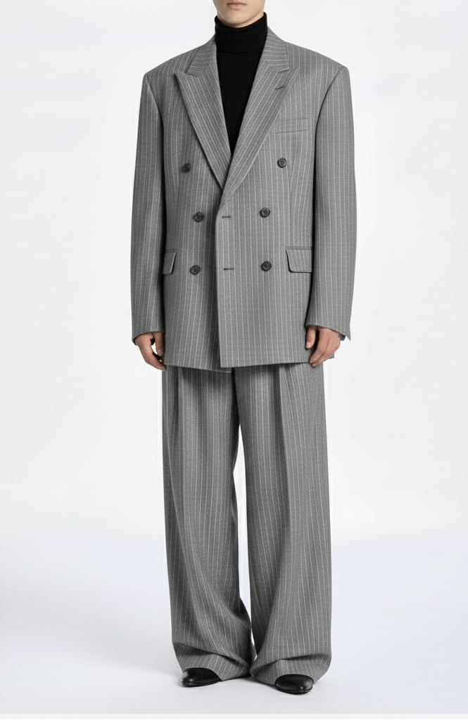 Model wearing a Grey Pinstripe Boxy Double Breasted Blazer with wide lapels, relaxed sculptural fit, and fine vertical pinstripes, styled with matching wide-leg trousers highlighting SHAO New York bespoke tailoring and luxury designer fashion.