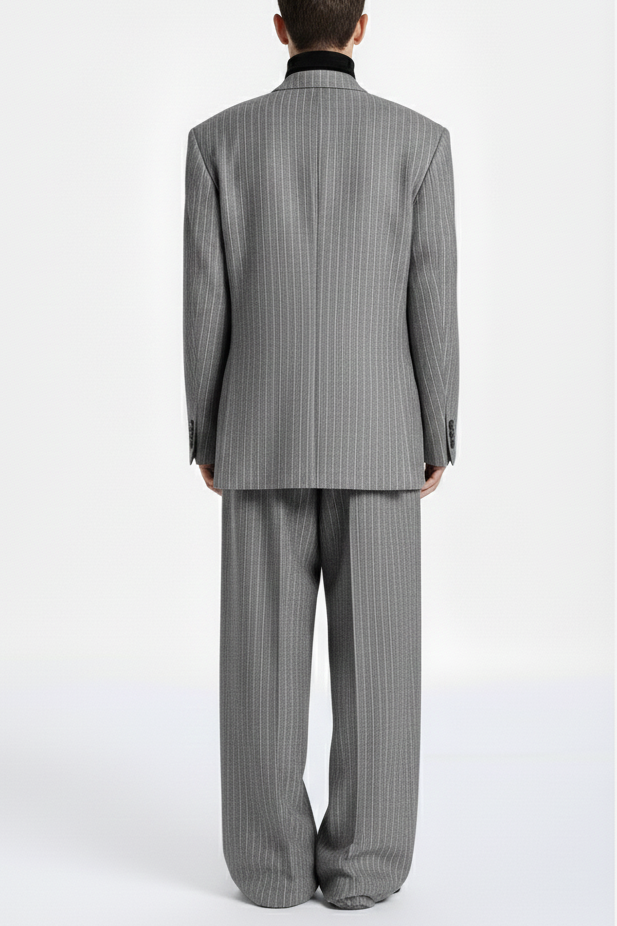 Back view of the Grey Pinstripe Boxy Double Breasted Blazer paired with matching wide-leg trousers, featuring fine vertical pinstripes and a relaxed sculptural silhouette from SHAO New York bespoke tailoring.