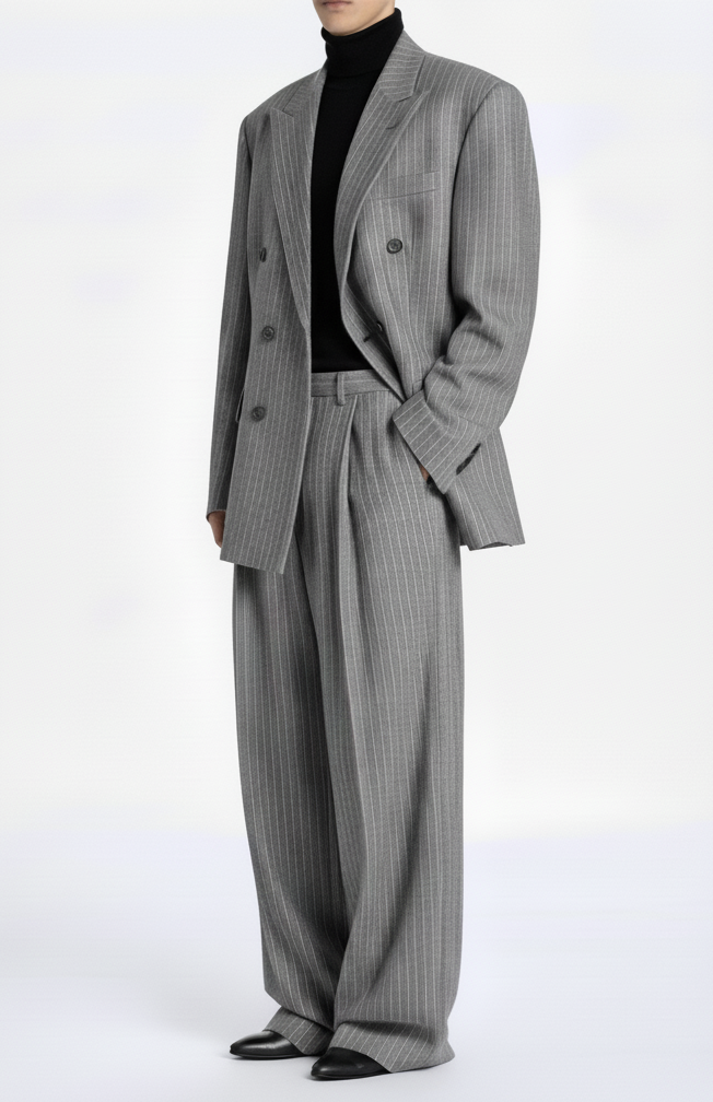 Model wearing a Grey Pinstripe Fitted Two Piece Suit featuring a double-breasted jacket with broad lapels and high-waisted wide-leg trousers, showcasing SHAO New York bespoke tailoring and luxury designer fashion.