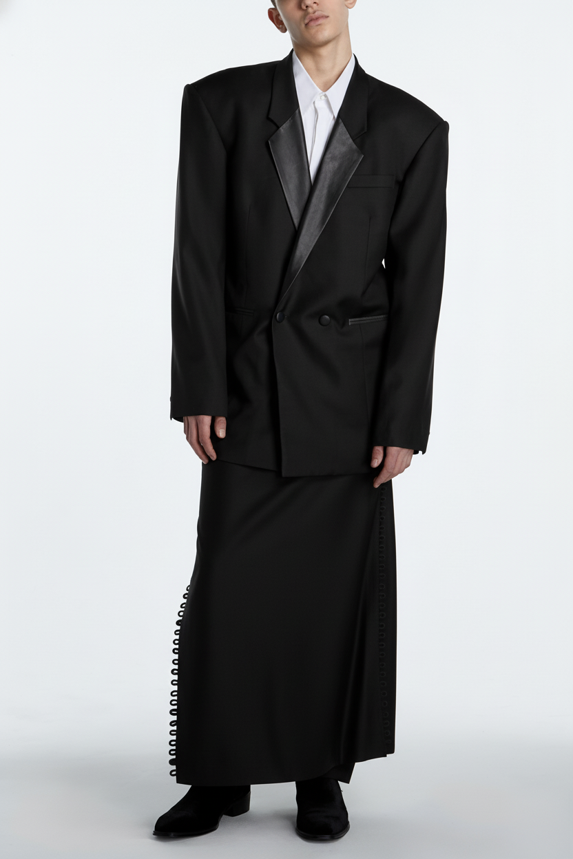 Black Oversized Boxy Blazer – Leather Lapel Construction