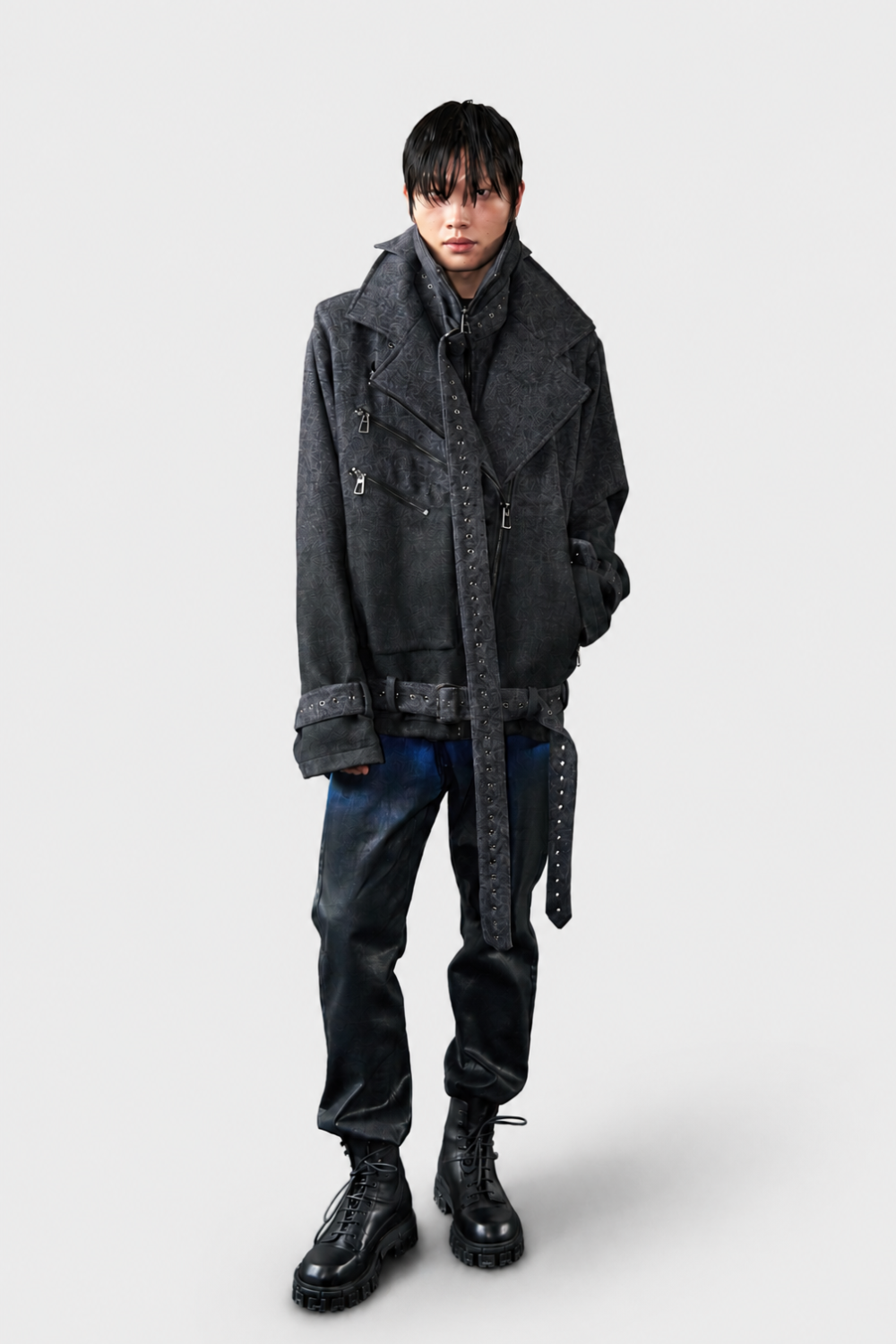 Model wearing Drop-Crotch Denim Jeans with Leather Ombre Effect in dark gradient paired with a textured oversized jacket featuring zipper and stud detailing, styled with rugged lace-up boots for a contemporary sculptural silhouette in SHAO New York luxury designer fashion.