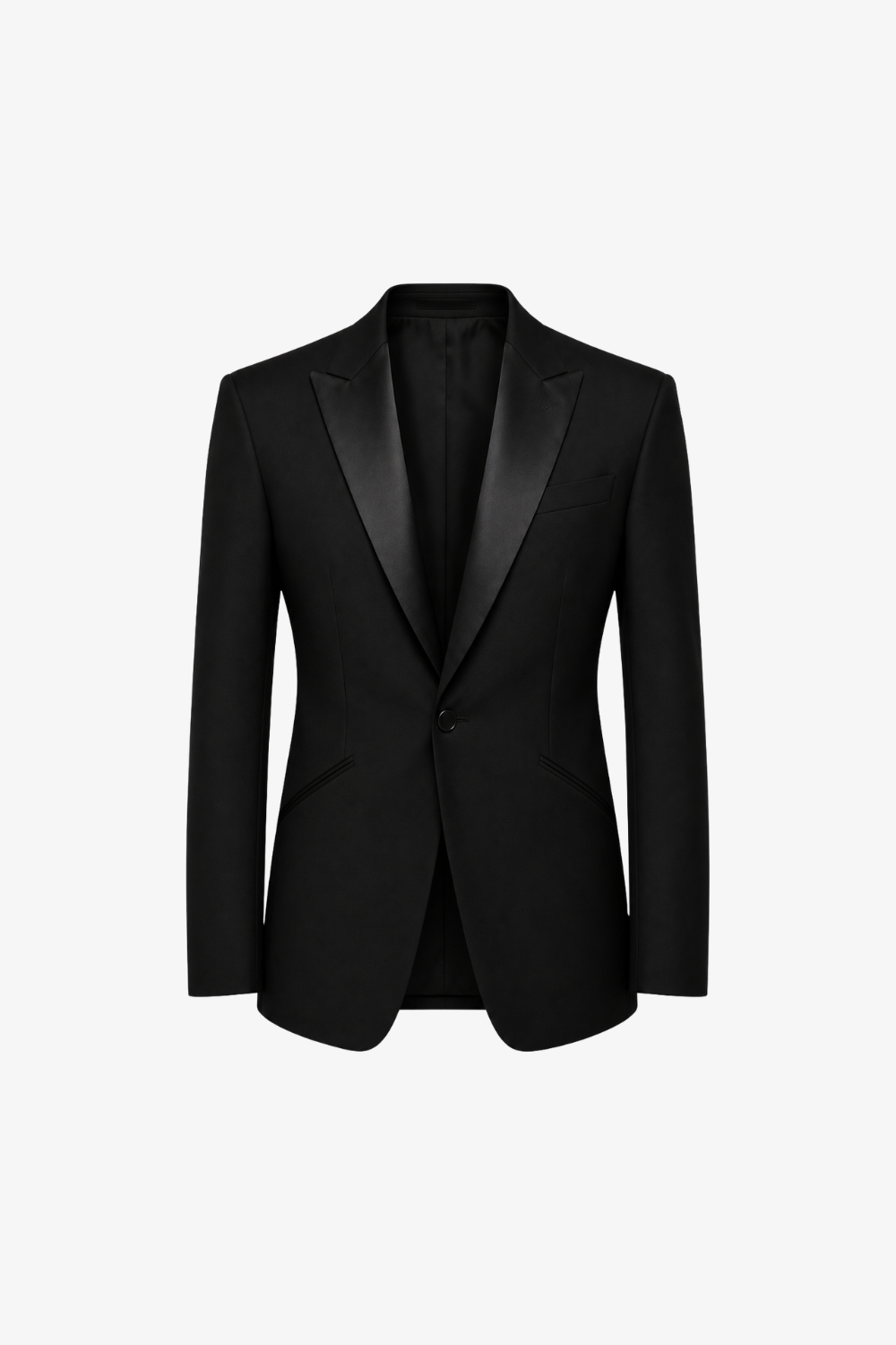 Structured Pinstripe and Windowpane Blazer in sleek black with satin peaked lapels, single-button closure, and tailored silhouette exemplifying luxury bespoke tailoring by SHAO New York.
