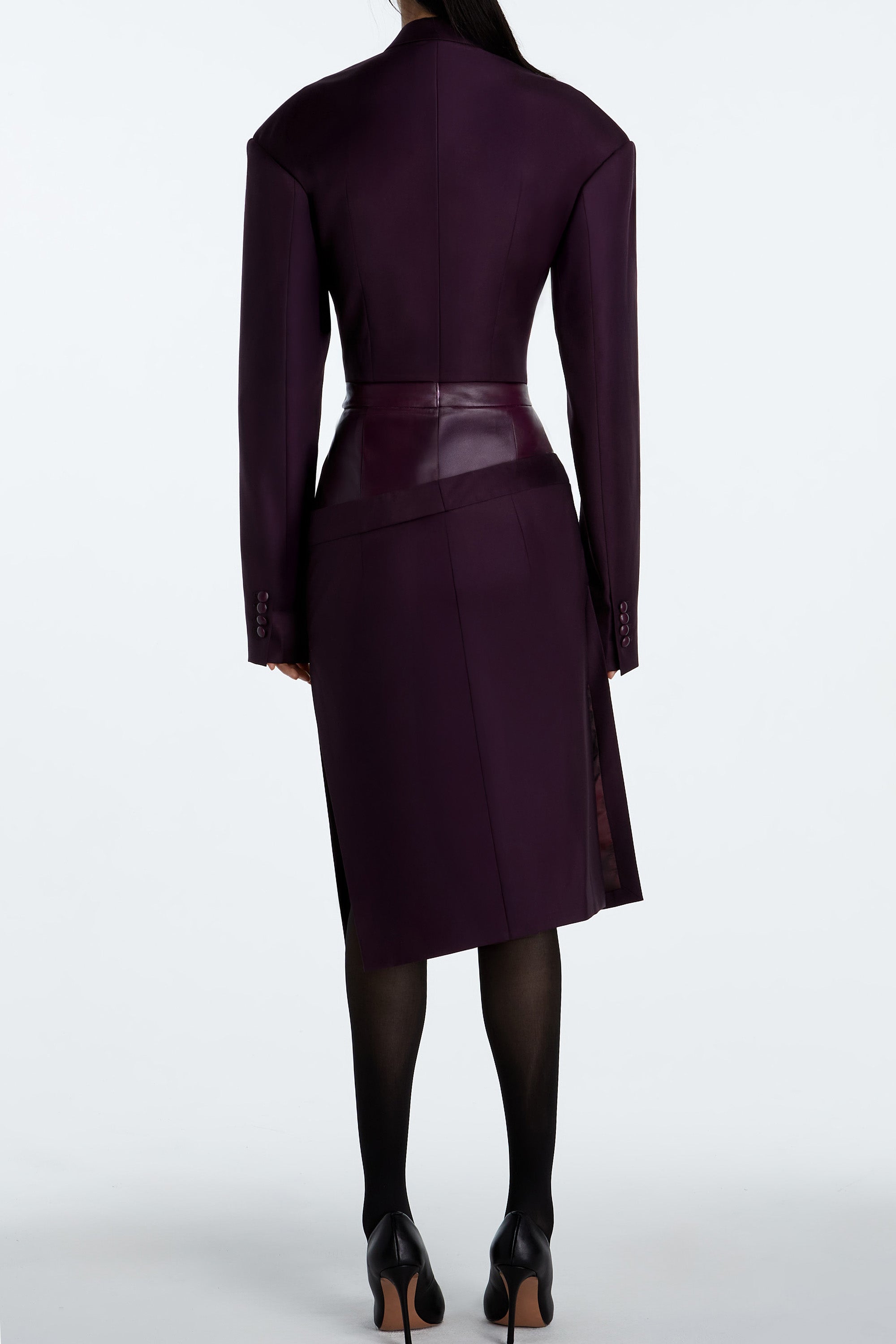 SHAO aubergine cropped wool blazer styled with matching skirt full length