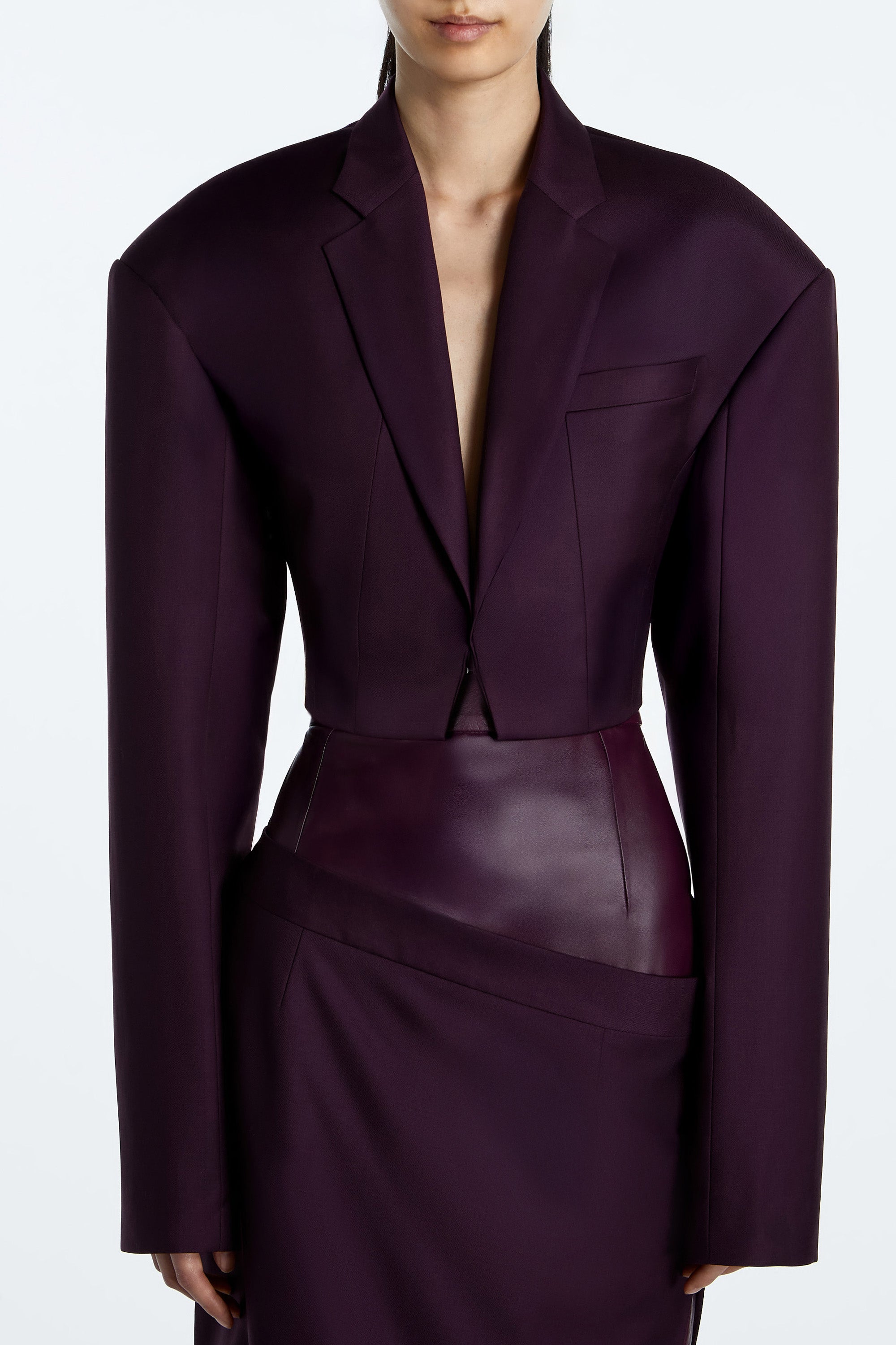 SHAO aubergine cropped wool blazer with clean lapel construction detail