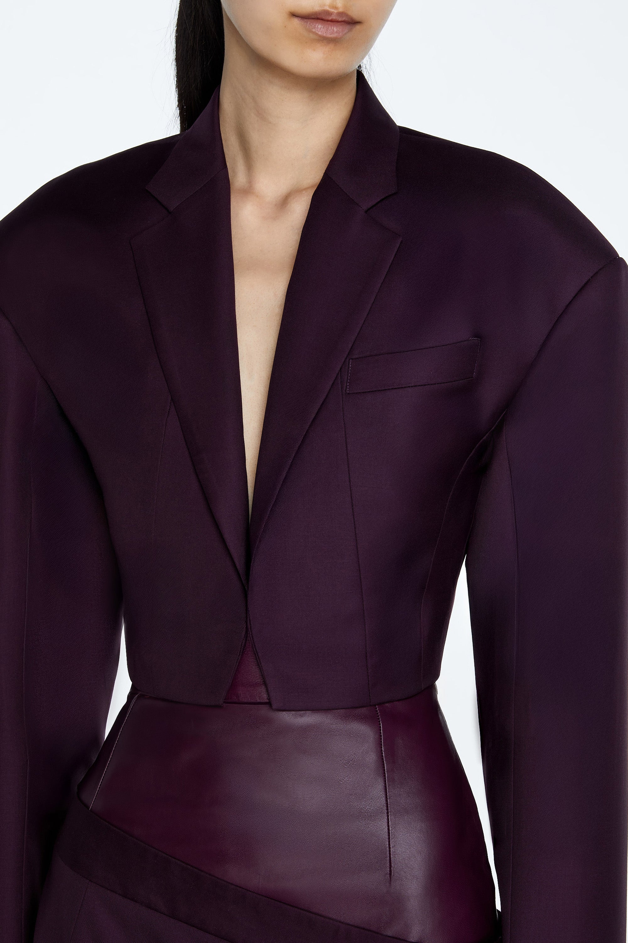 SHAO aubergine cropped wool blazer styled with matching skirt full length