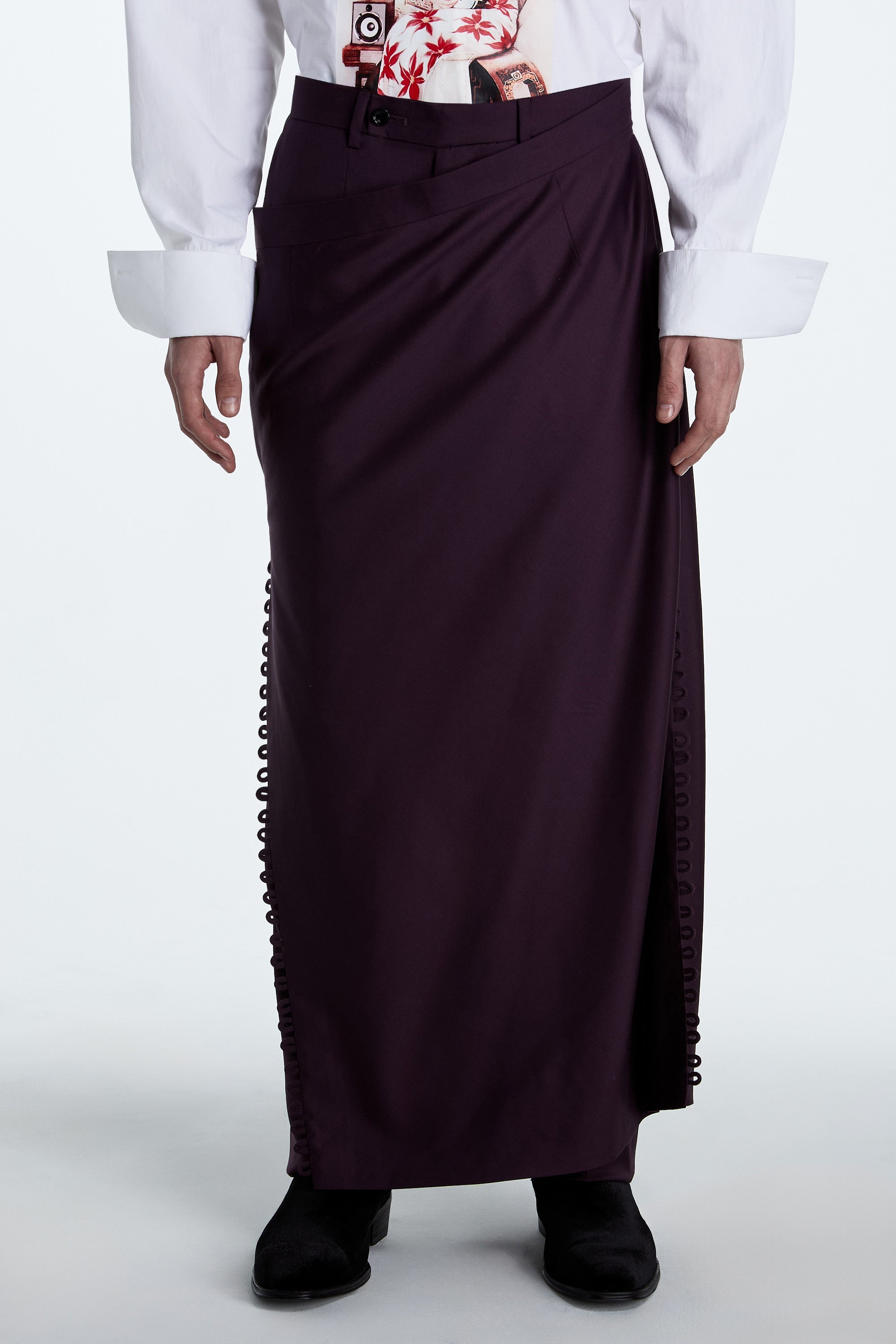 SHAO aubergine draped skirt overlay trousers with layered construction