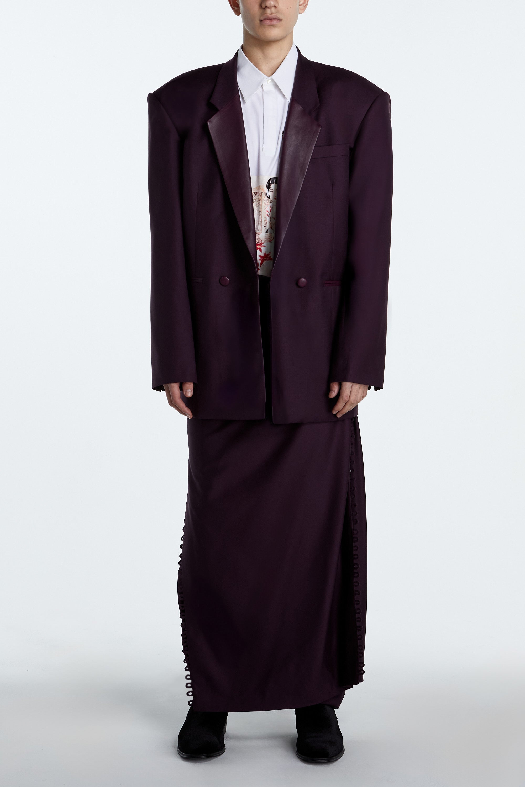 SHAO aubergine oversized boxy blazer with leather lapels front view