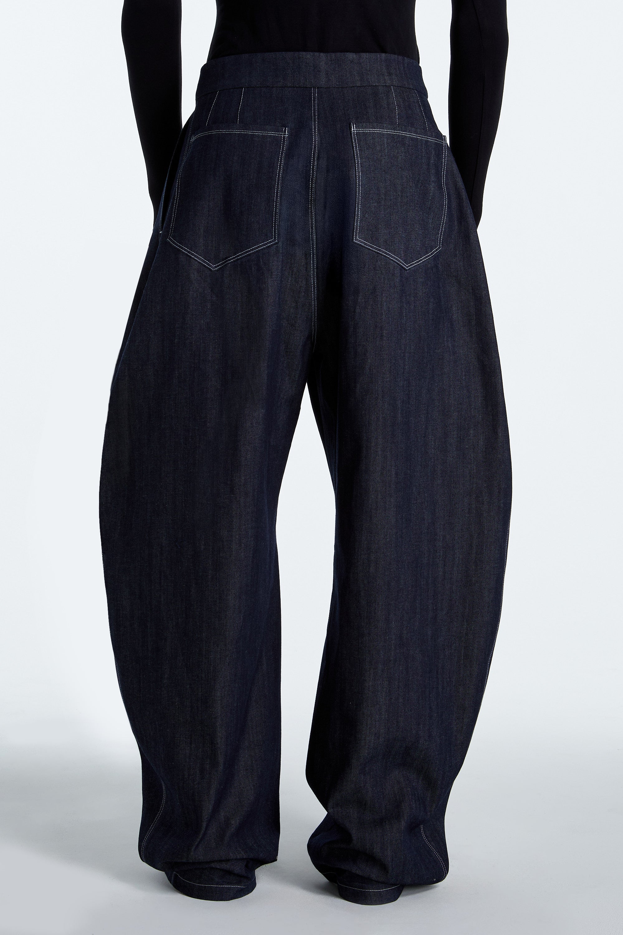 SHAO dark indigo barrel-leg denim pants back view