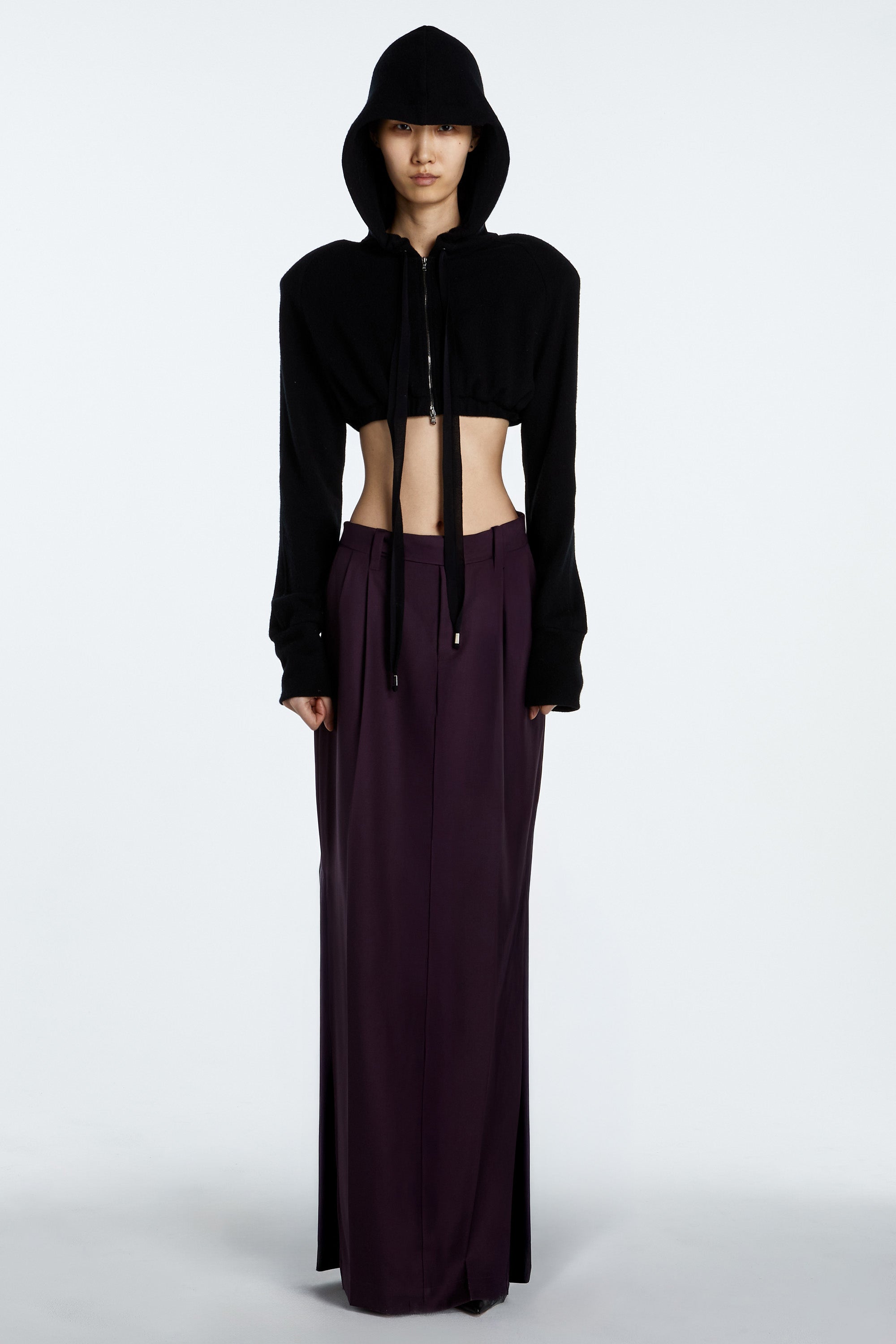 SHAO jet black cropped cashmere hoodie front view