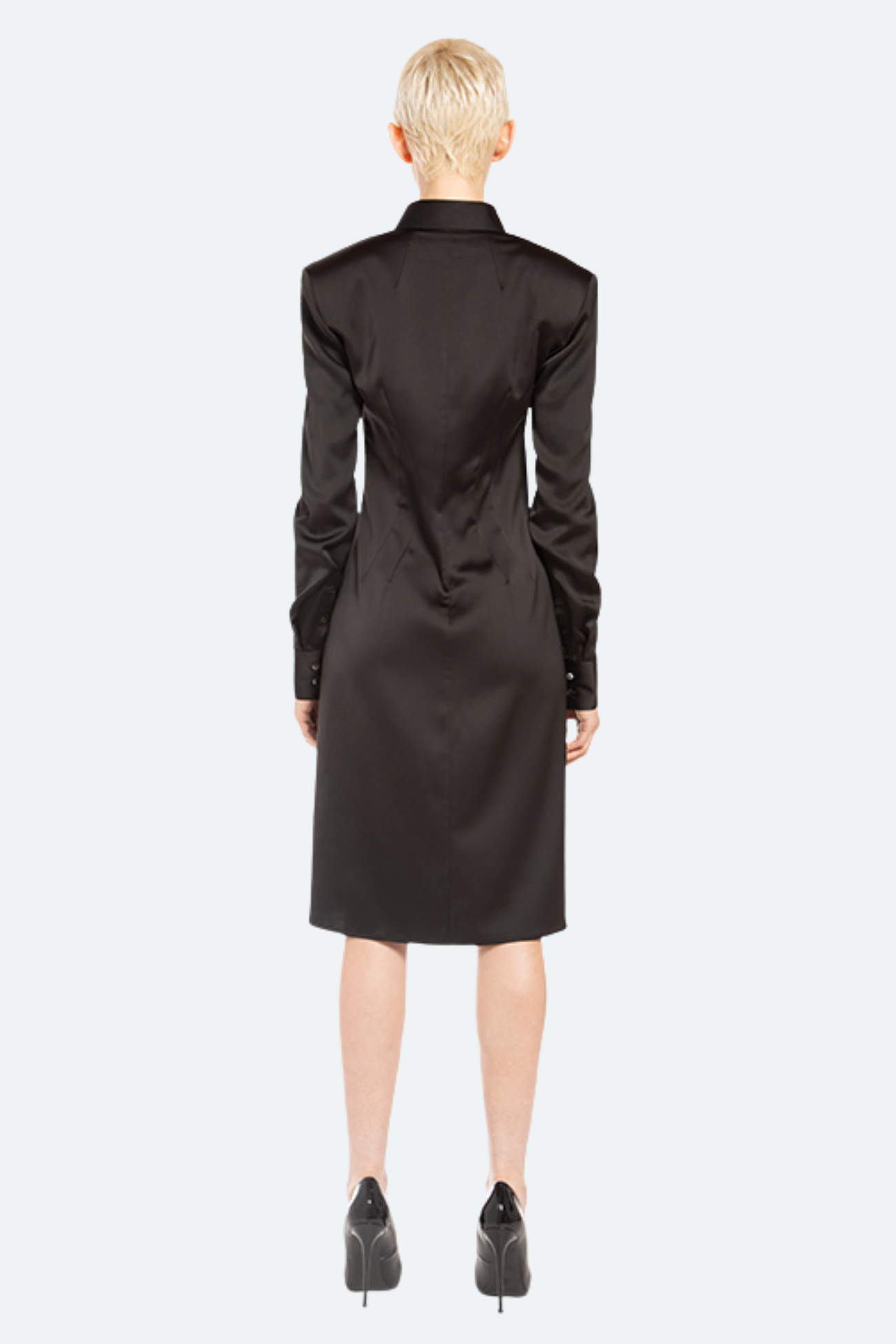 Back view black heavyweight satin shirt dress with double-dart shaping