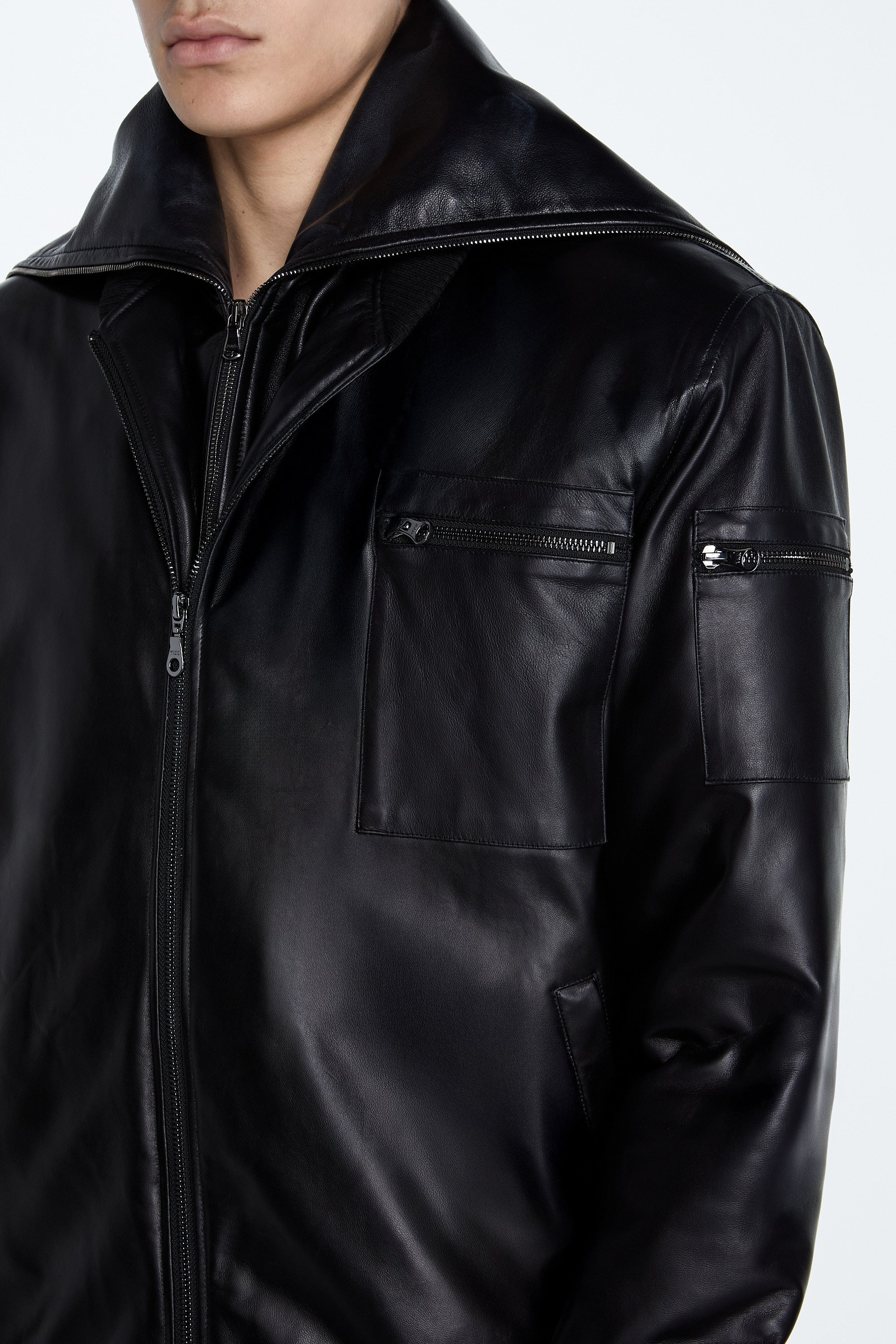 SHAO black leather bomber jacket without dickie styling option