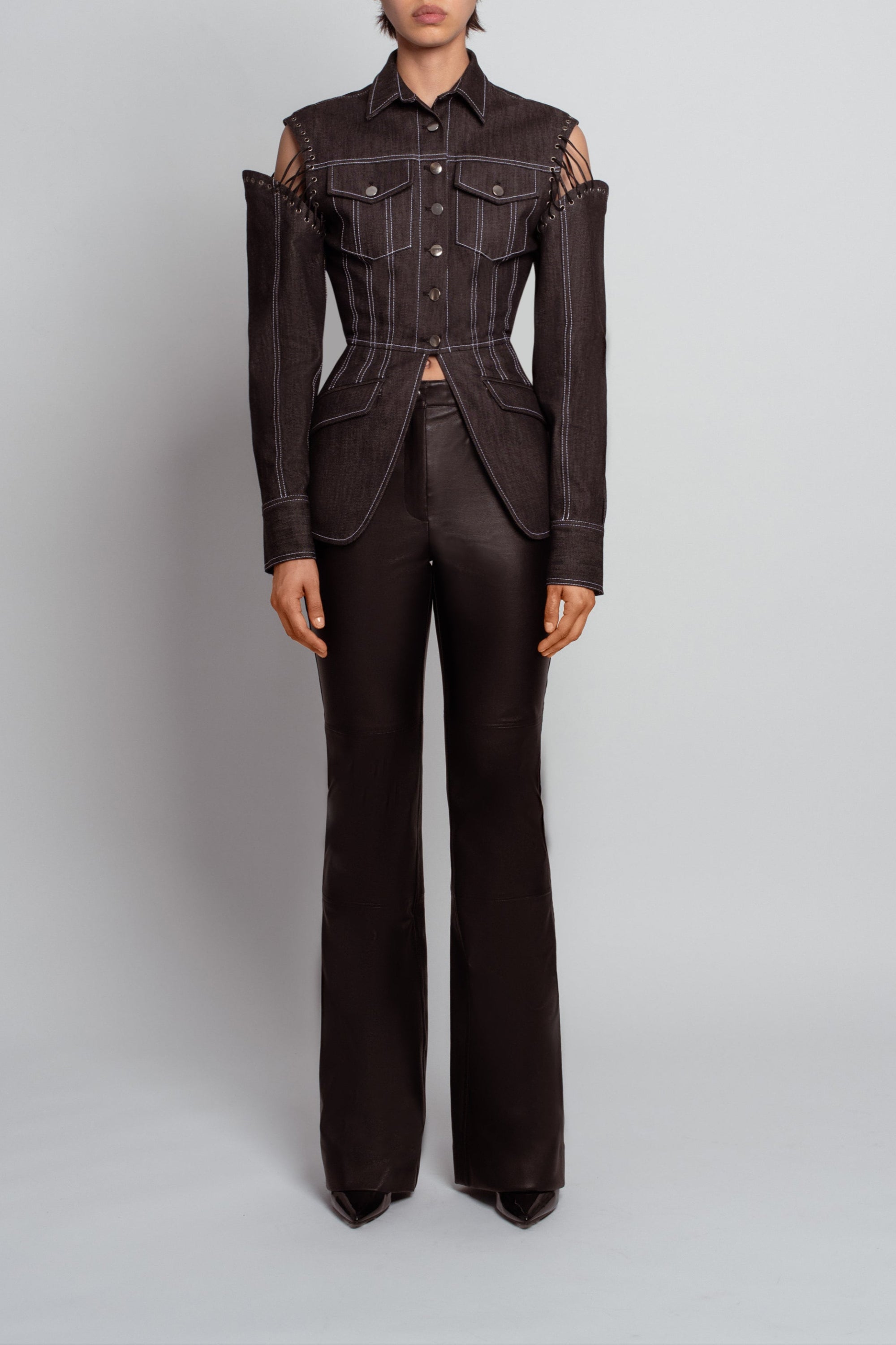 Black leather flared trousers high rise front view