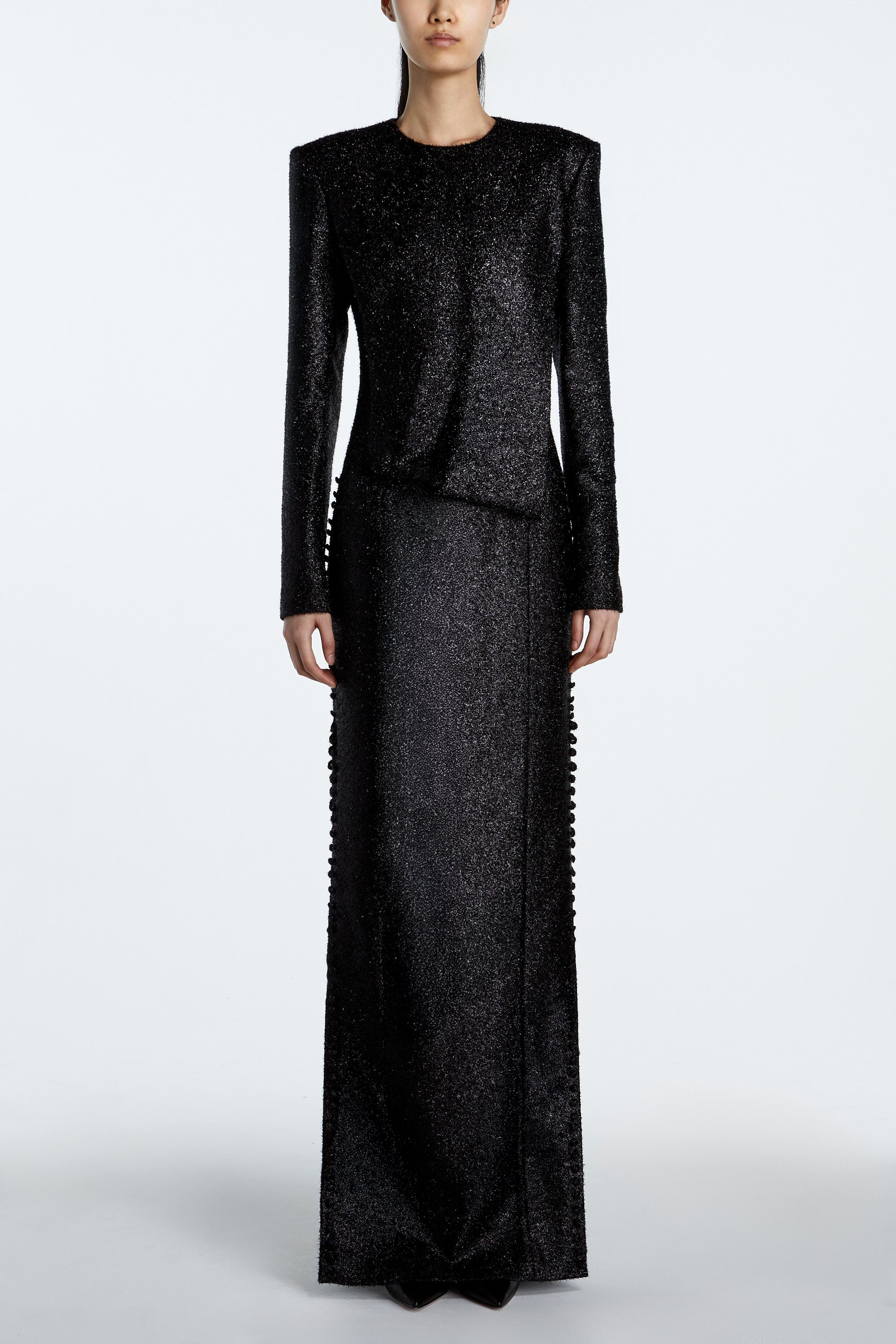 Black tinsel and wool evening gown with straight silhouette front view