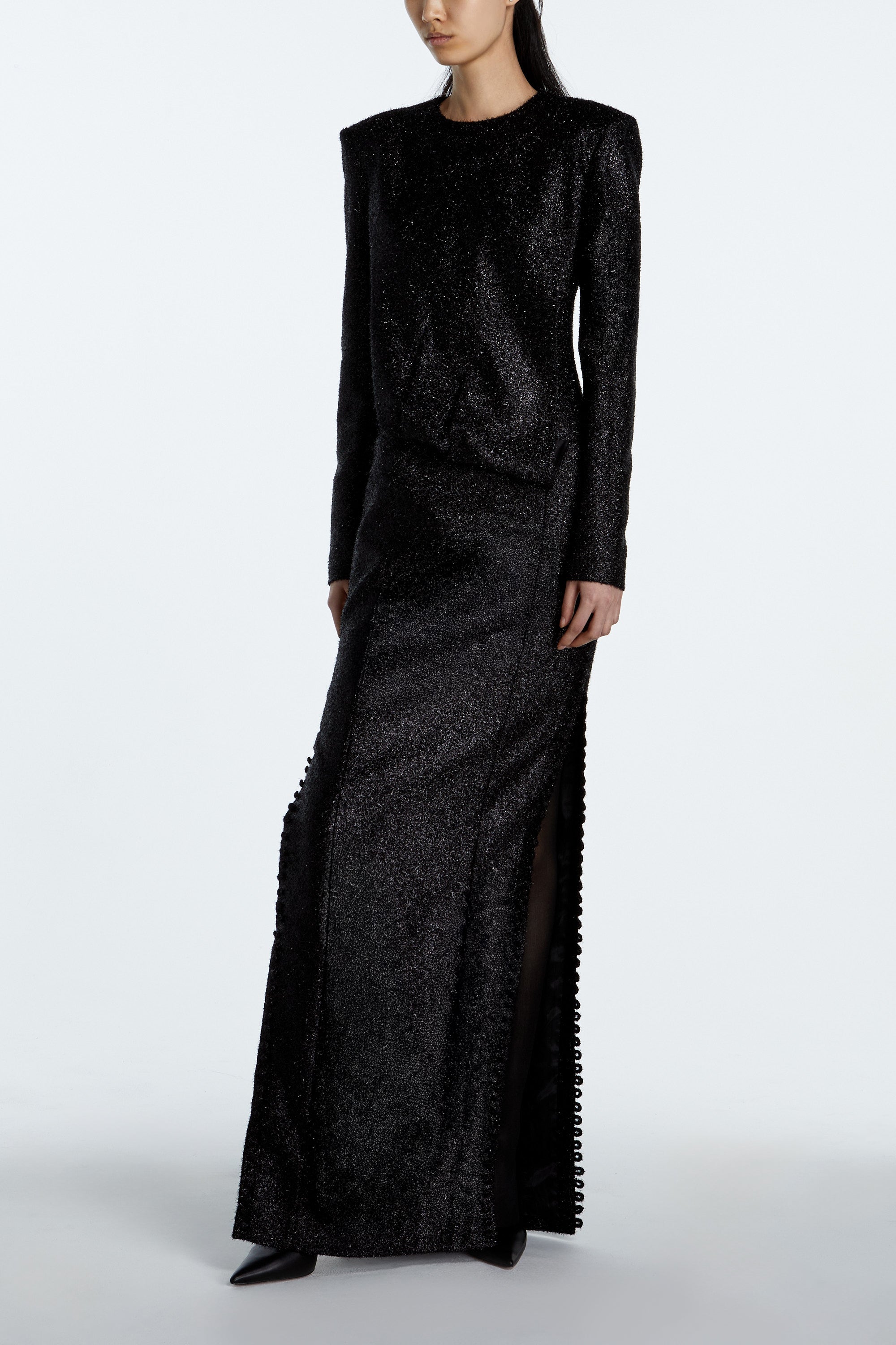 Black tinsel and wool evening gown with straight silhouette front view