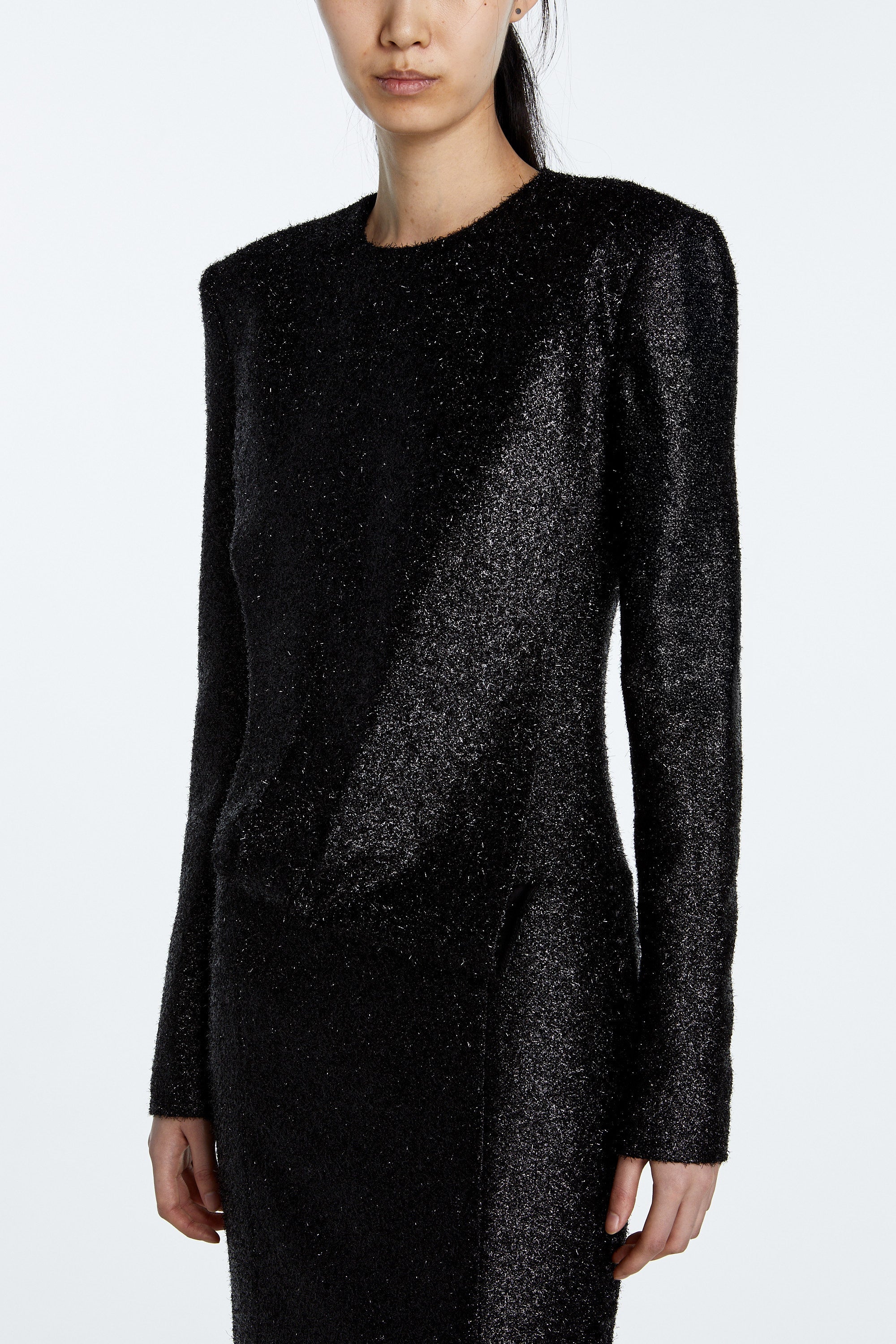 Black tinsel and wool evening gown with straight silhouette front view