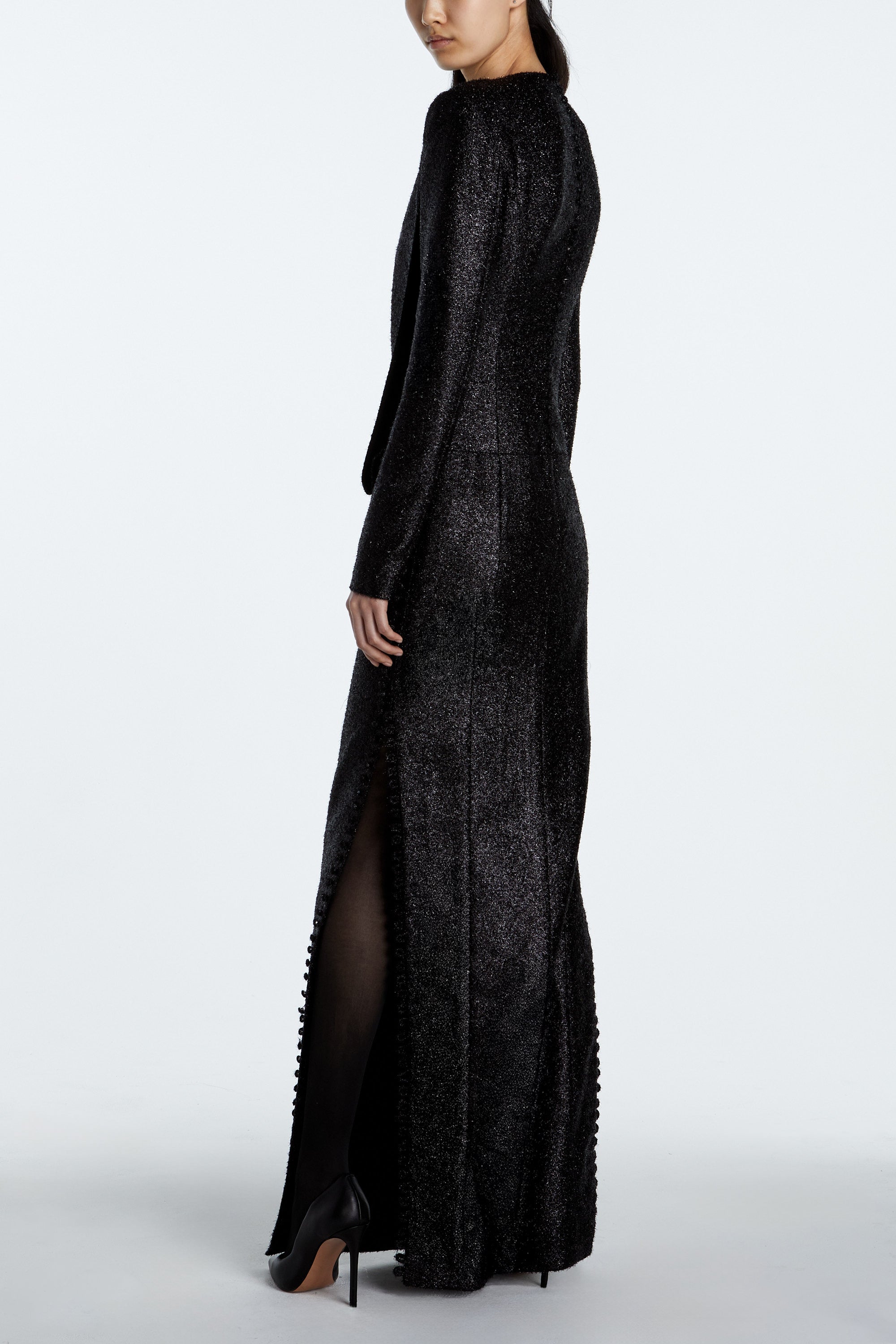 Black tinsel and wool straight silhouette evening gown side view