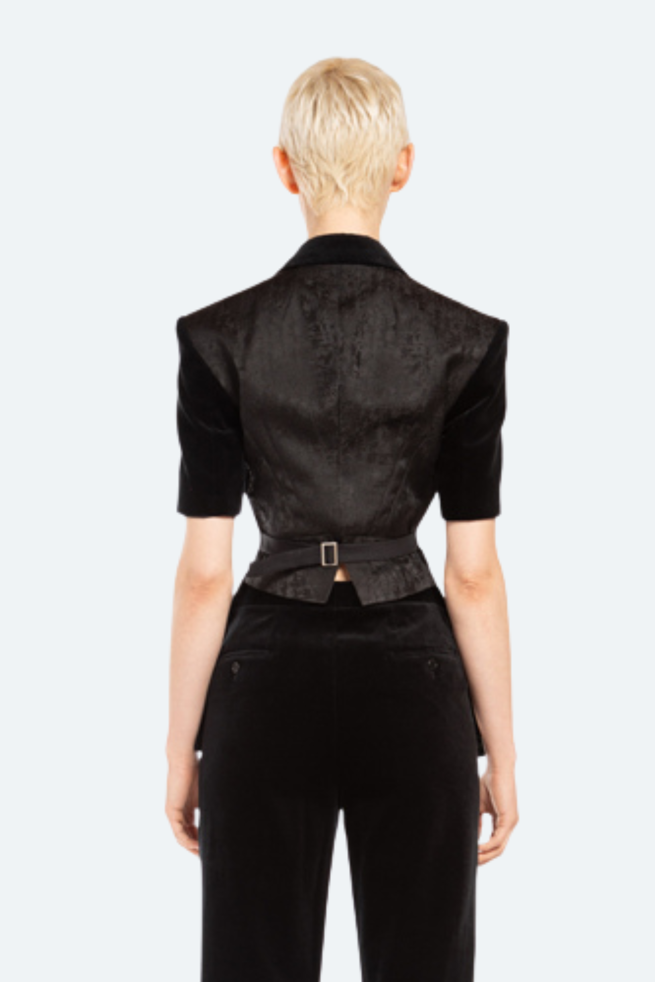 Back view cropped jacquard panel blazer in black