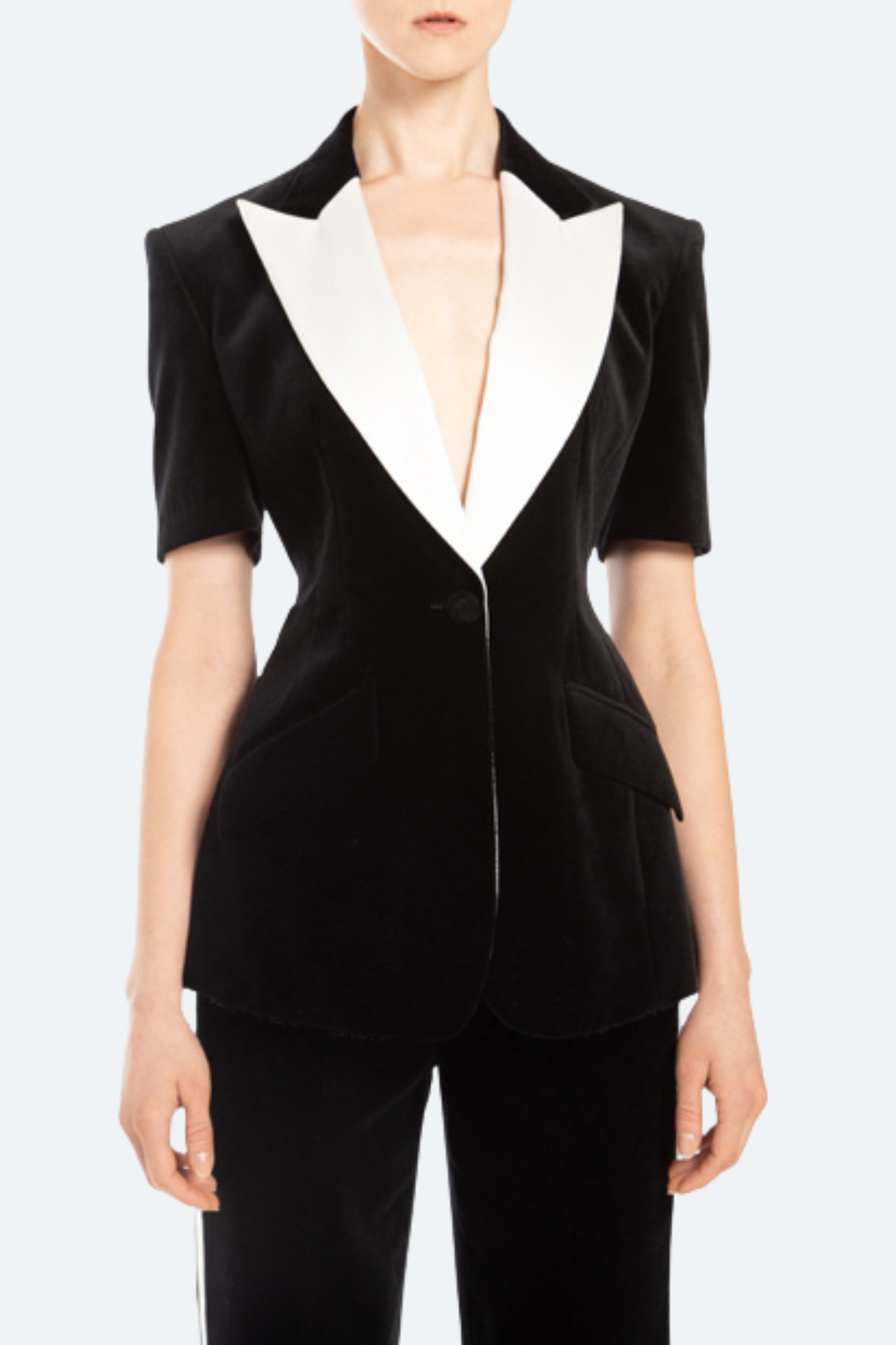 Front view black velvet blazer with white satin peak lapels and 3/4 sleeves