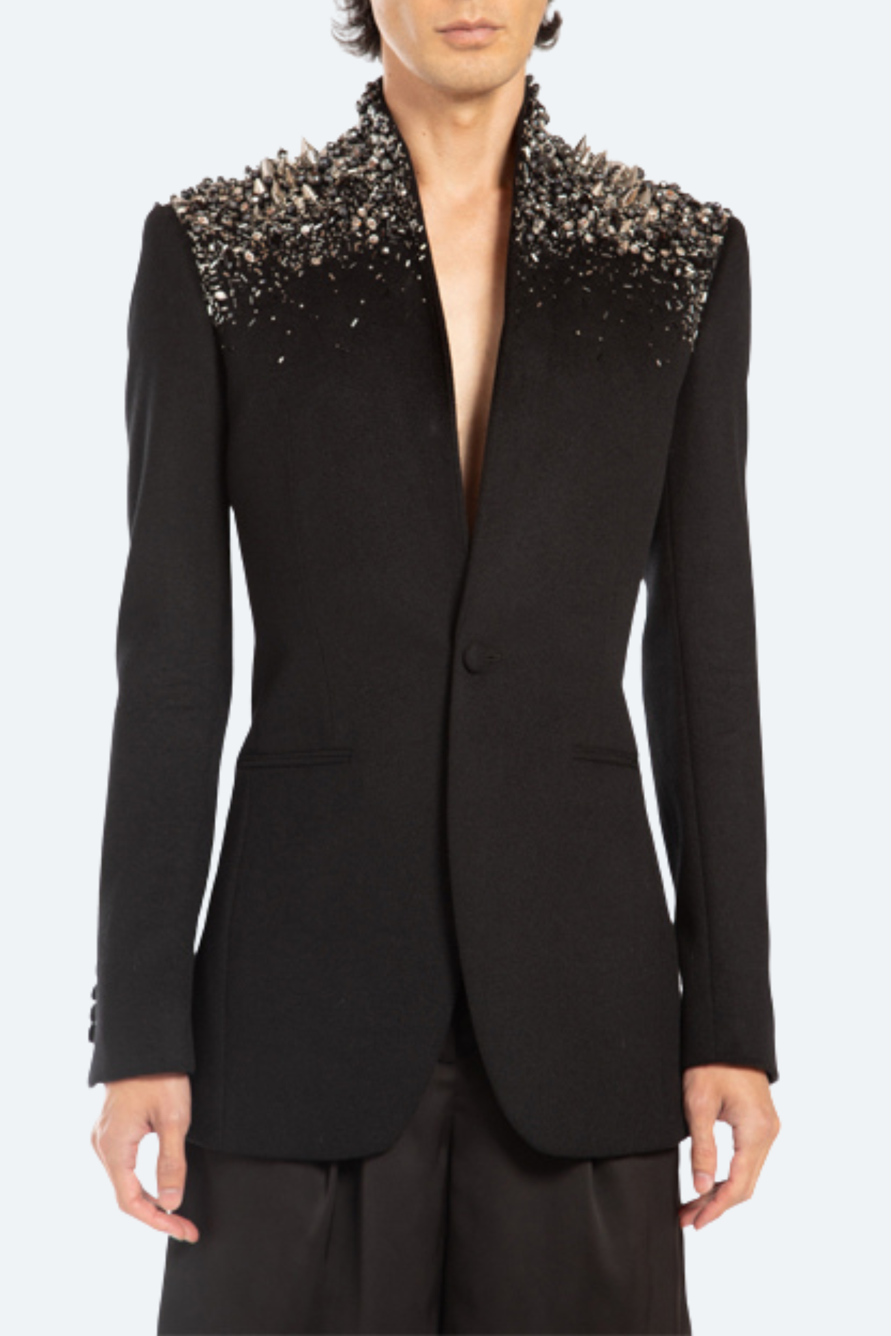 SHAO black blazer with crystal-embellished shoulders front view