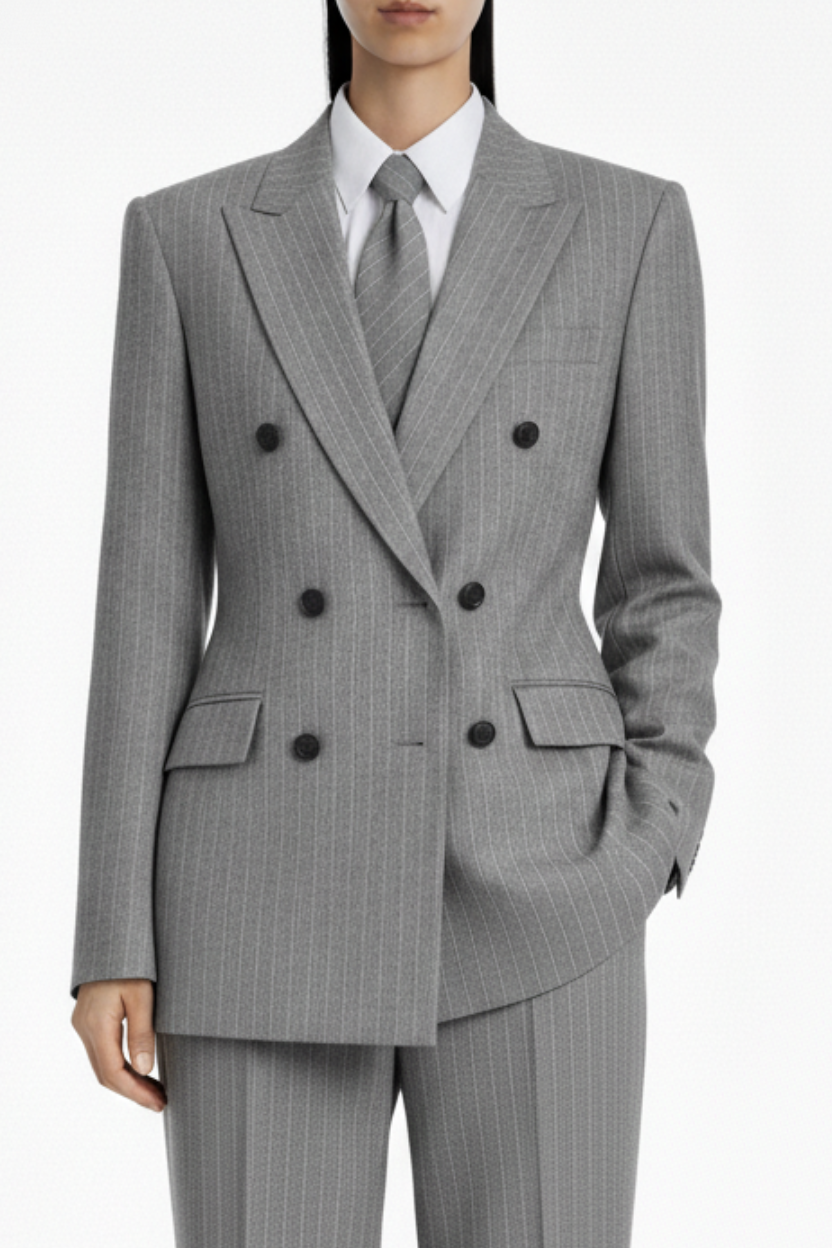 SHAO grey wool pinstriped double-breasted blazer front view