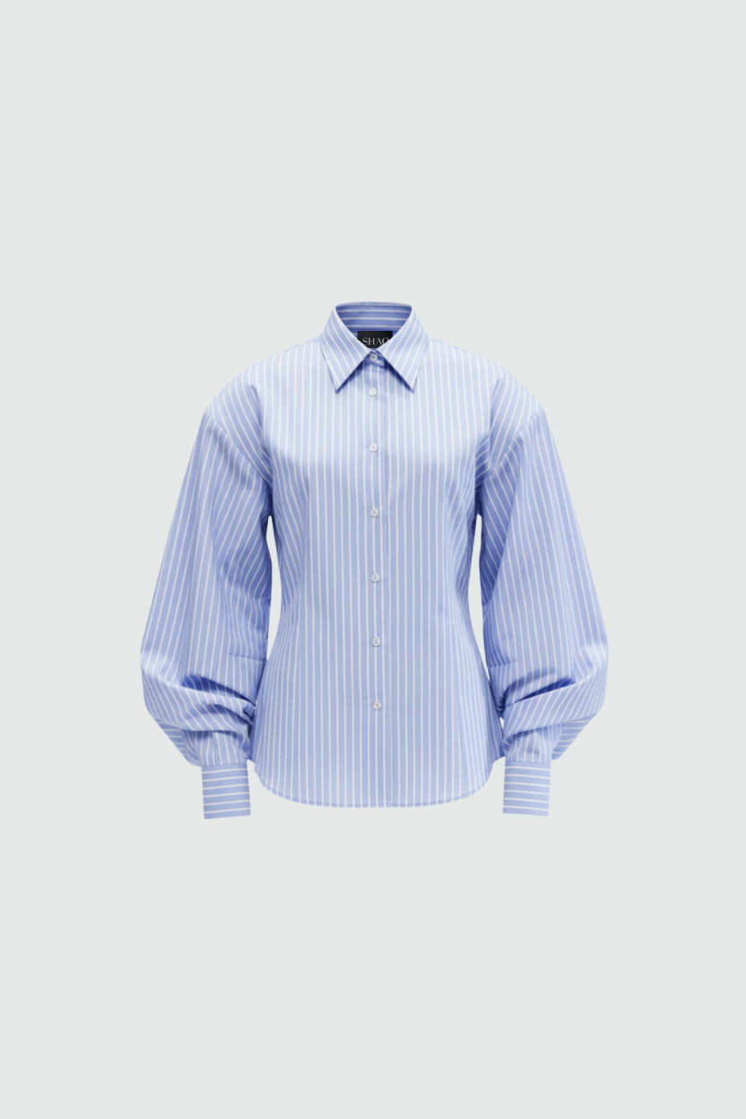 SHAO blue and light yellow striped balloon sleeve shirt front view