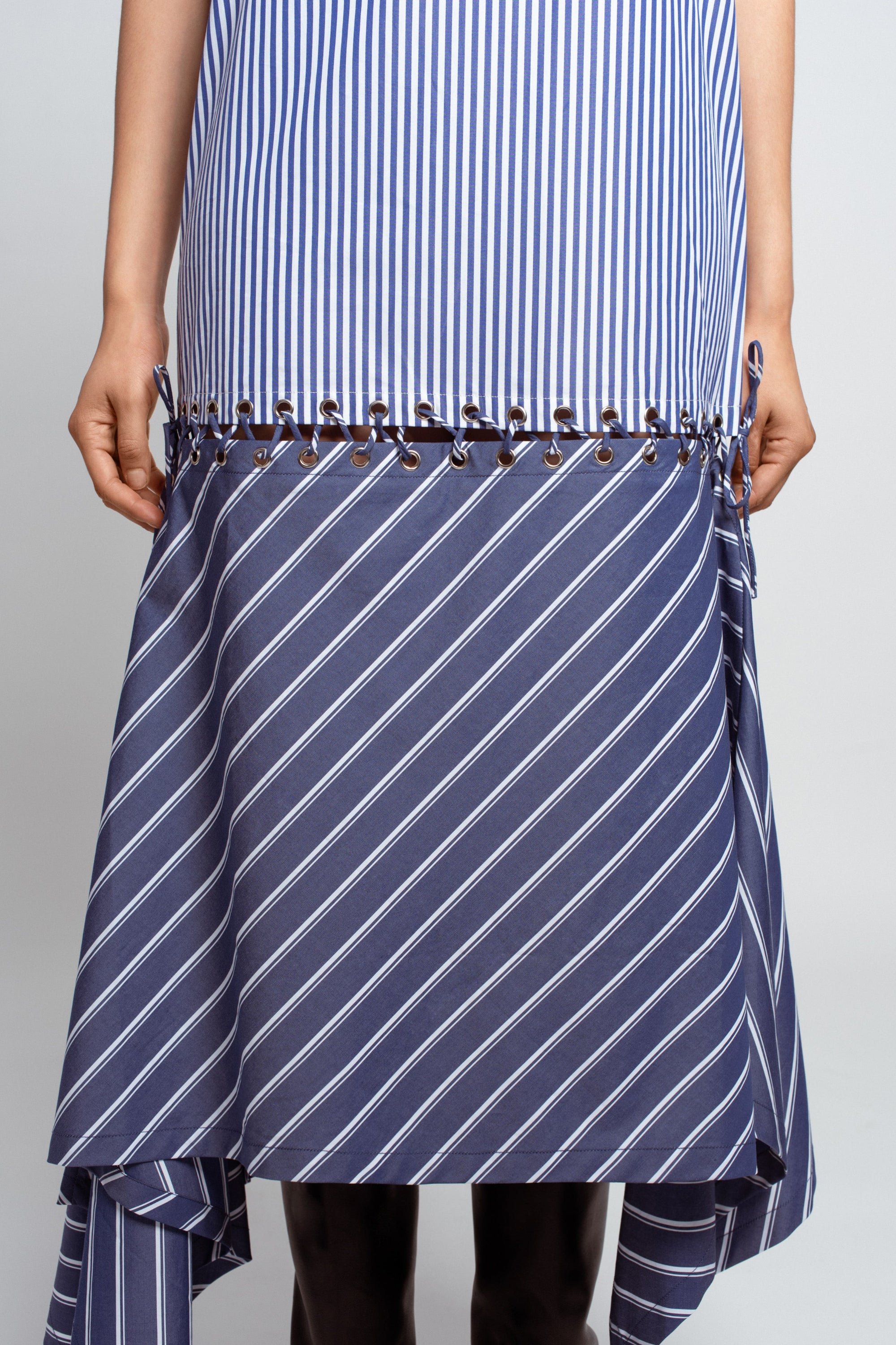 SHAO blue pinstripe sleeveless dress asymmetric hem detail