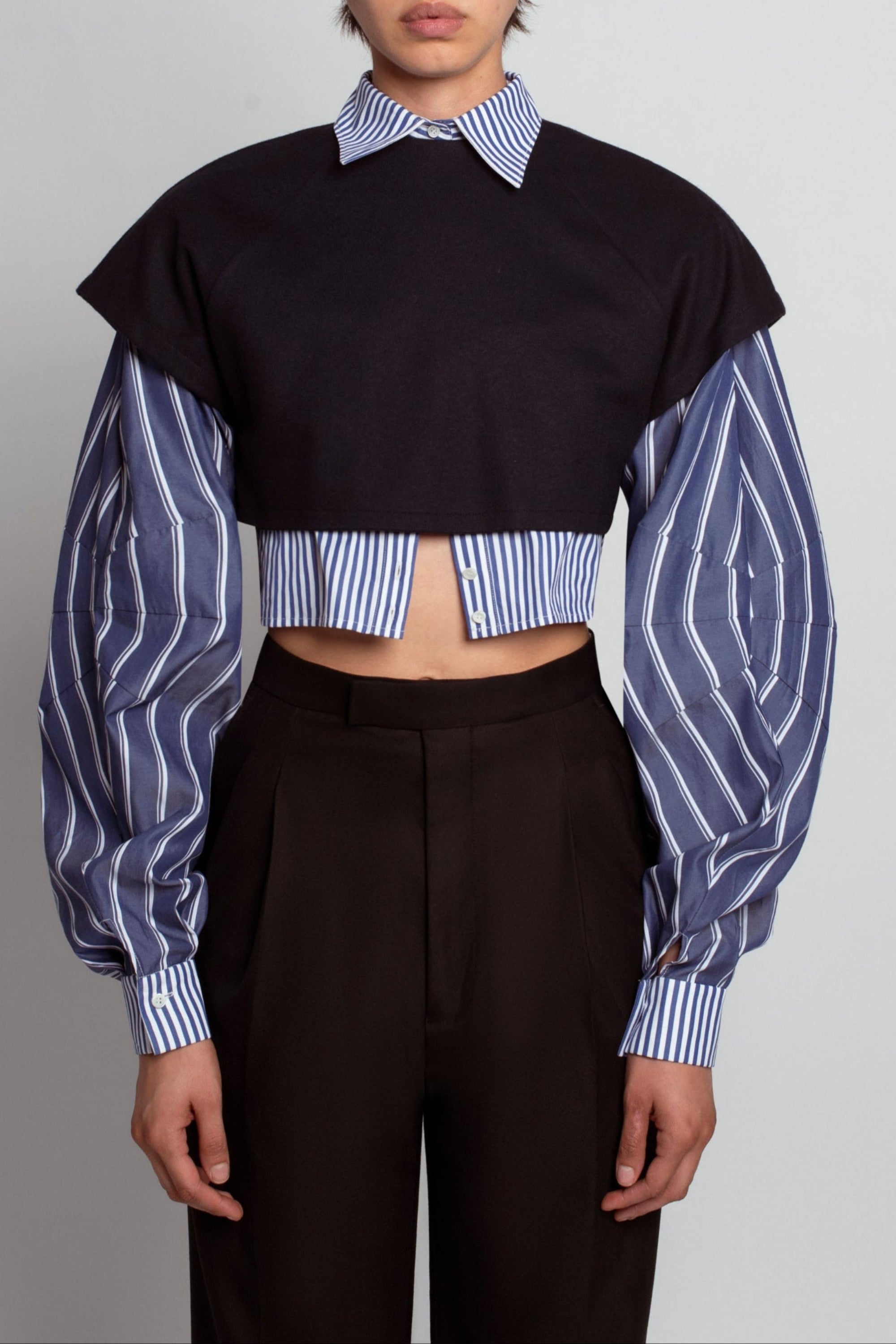 SHAO blue pinstripe trompe l’oeil shirt front view