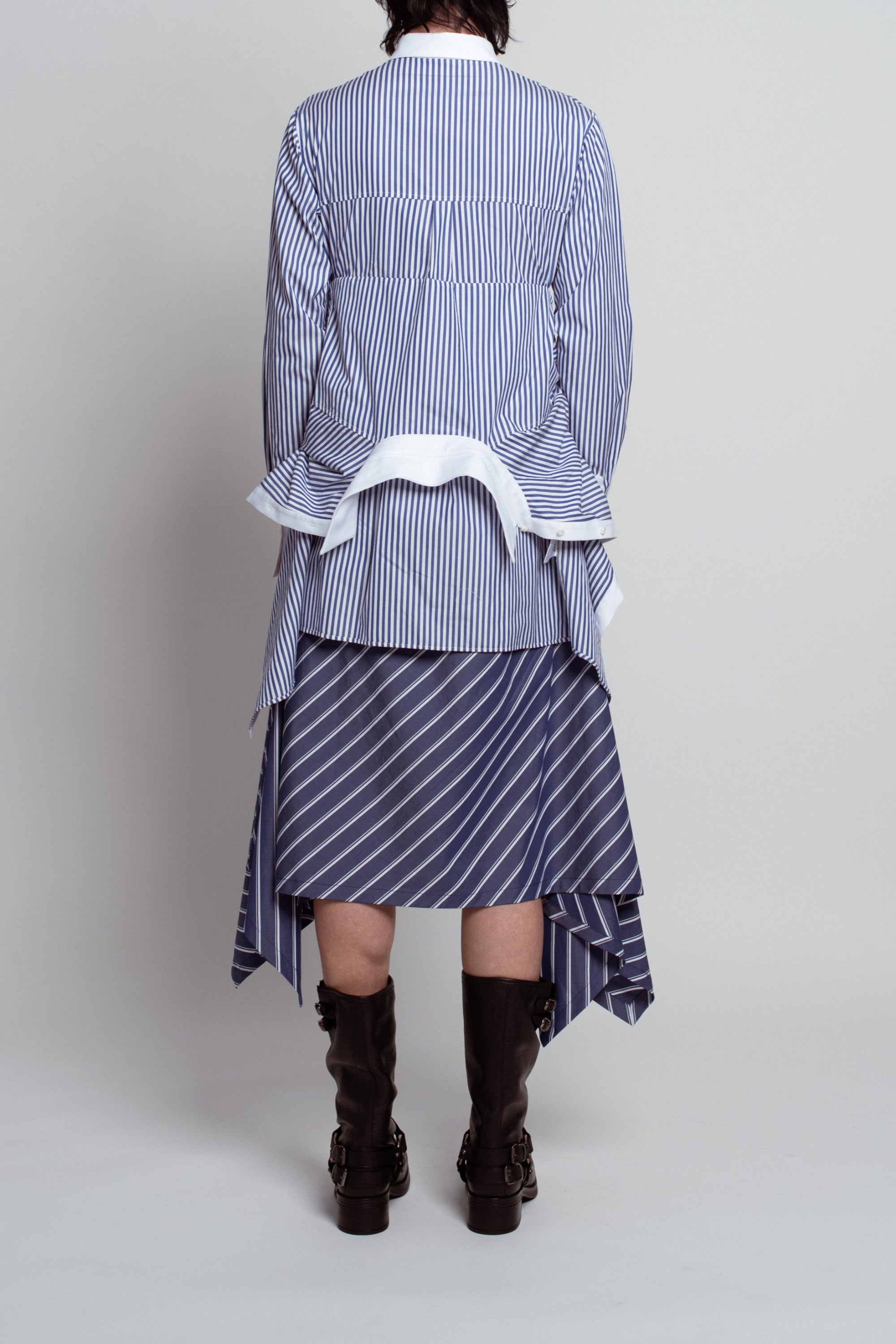 Blue pinstripe shirtdress structured back view