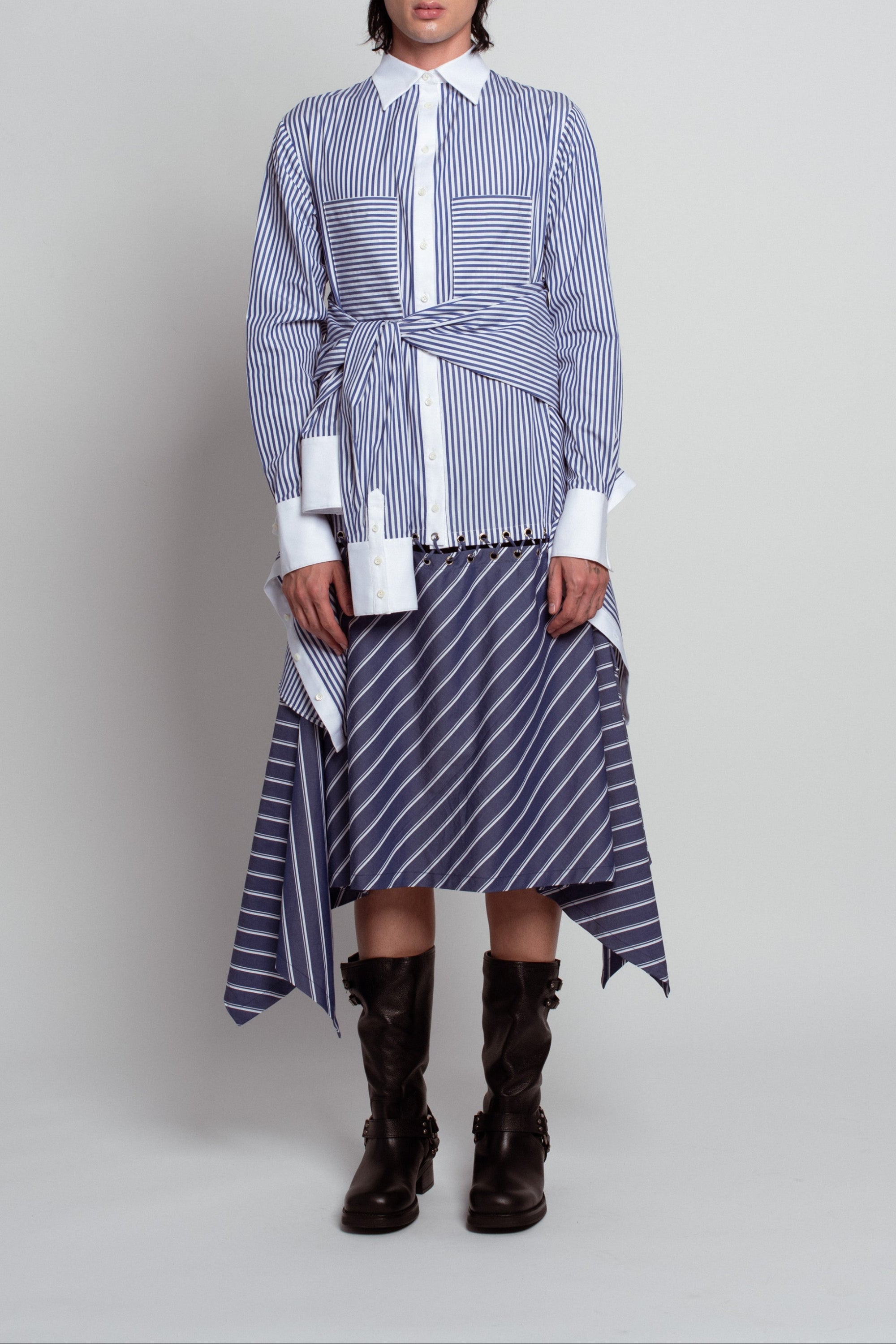 Blue pinstripe asymmetric shirtdress with handkerchief hem front view
