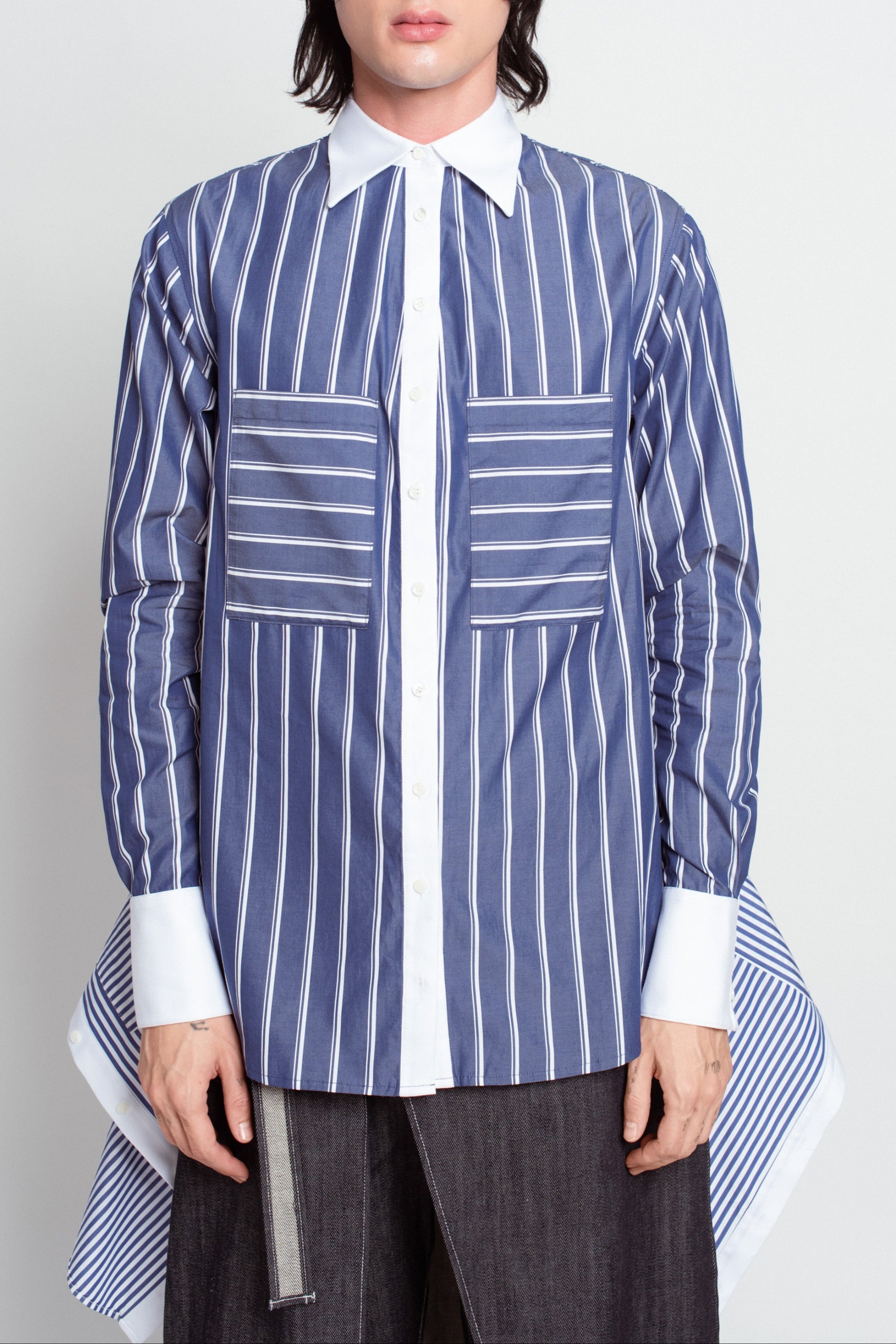 Blue pinstripe layered shirt construction detail