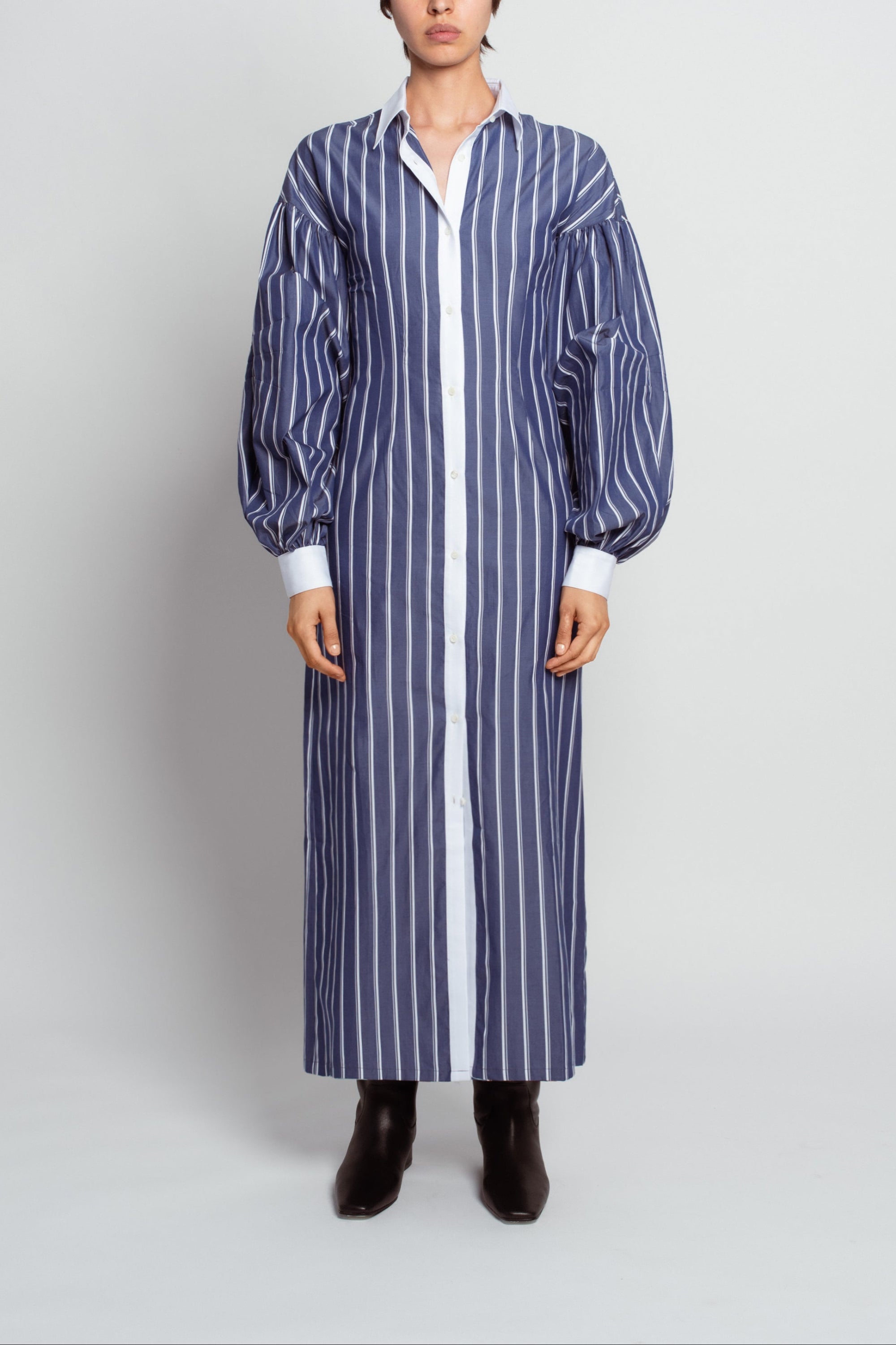 Blue pinstripe shirtdress with dramatic puff sleeves front view