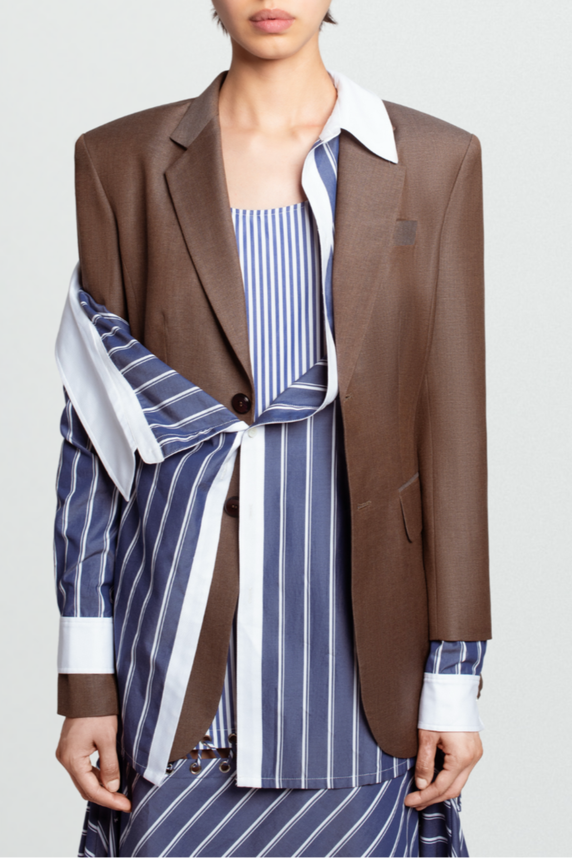 SHAO brown pinstripe tailored blazer front view