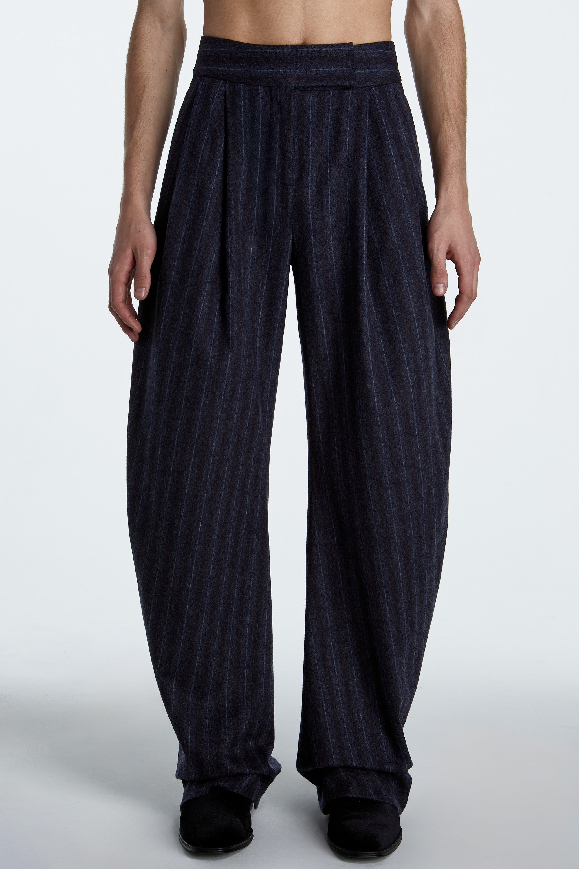 SHAO charcoal pinstripe barrel-leg trousers with rounded silhouette angled view