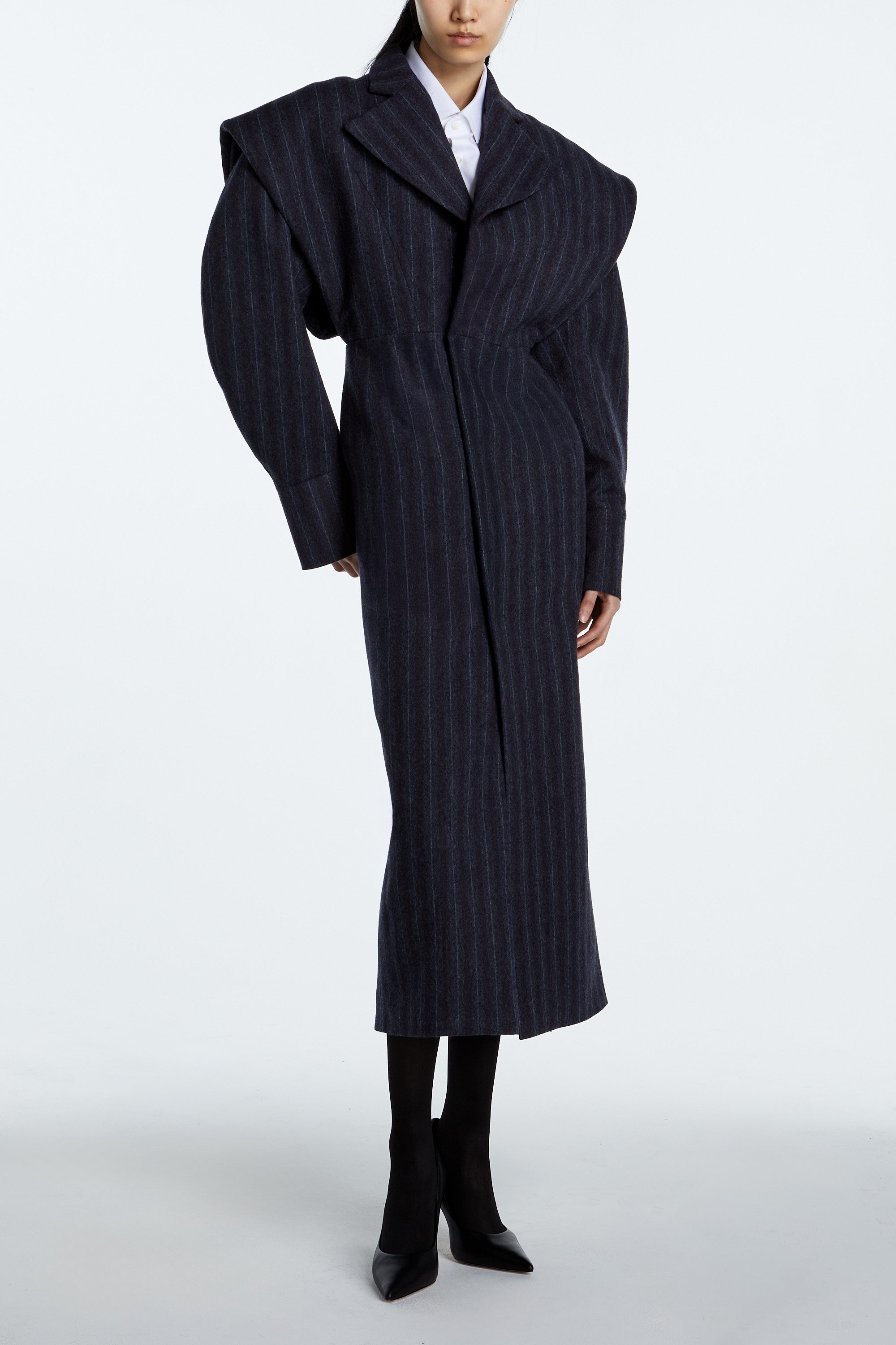 SHAO charcoal pinstripe flannel long coat tailored angled view