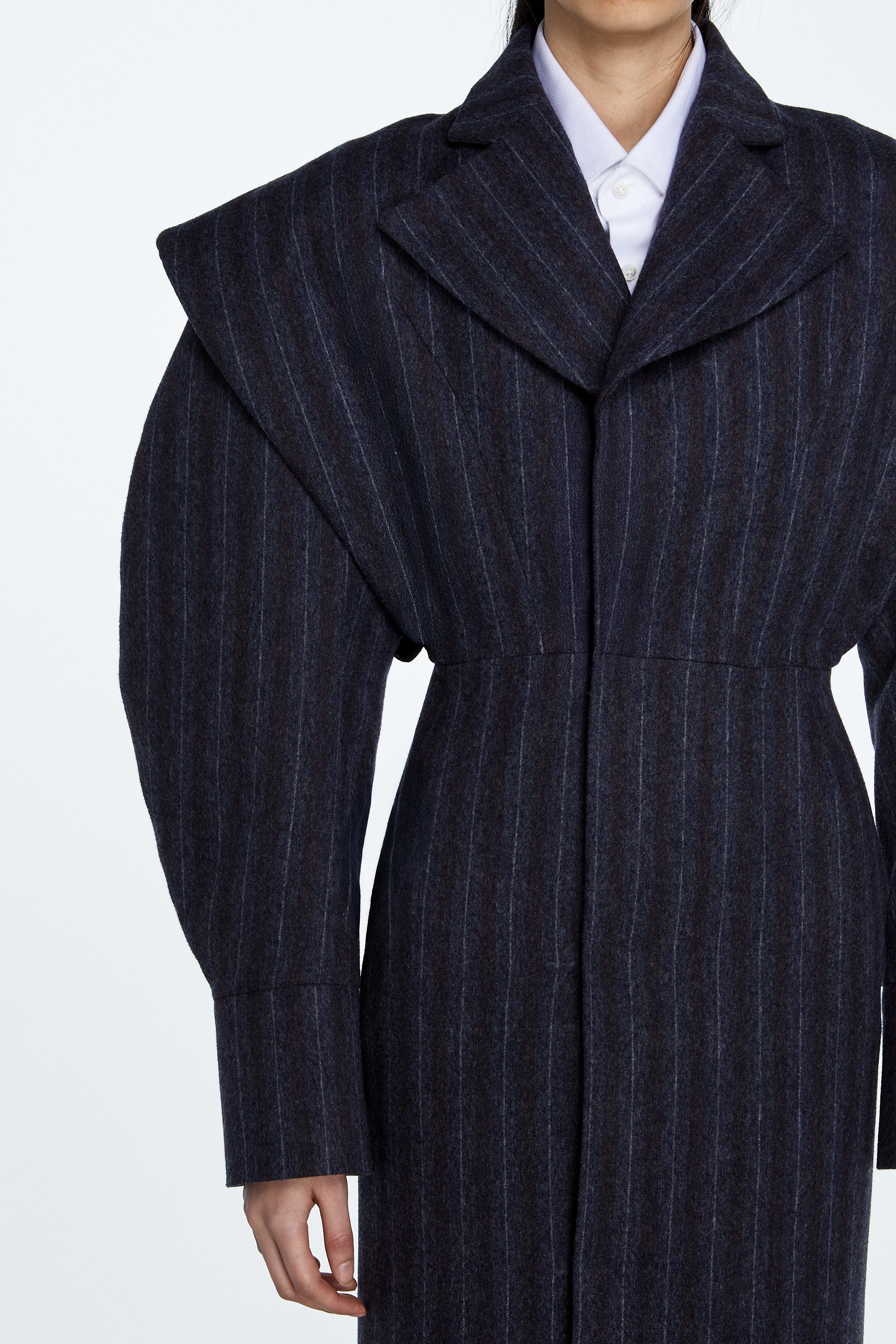 SHAO charcoal pinstripe flannel long coat with architectural shoulder detail