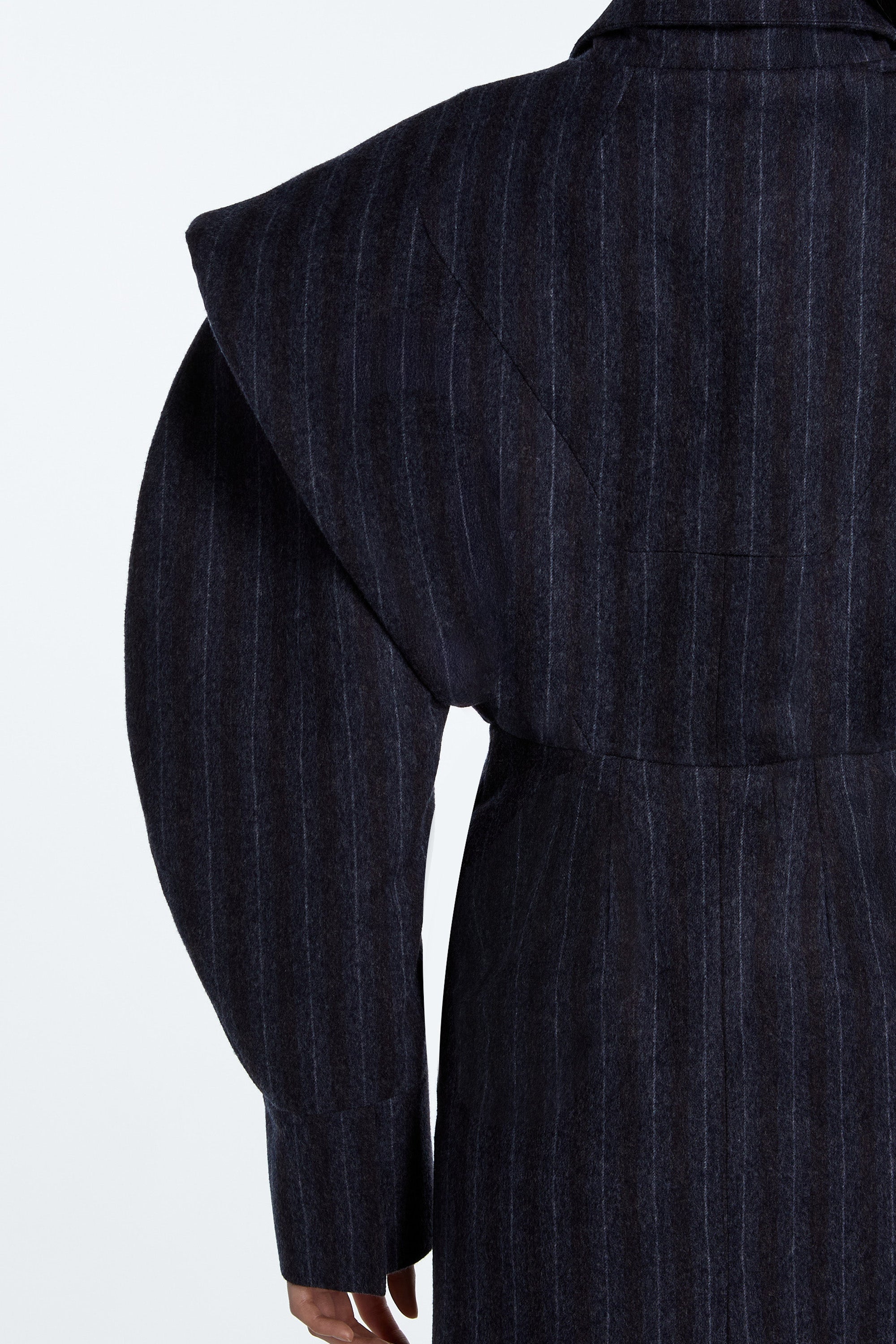 SHAO charcoal pinstripe flannel long coat with architectural shoulder detail
