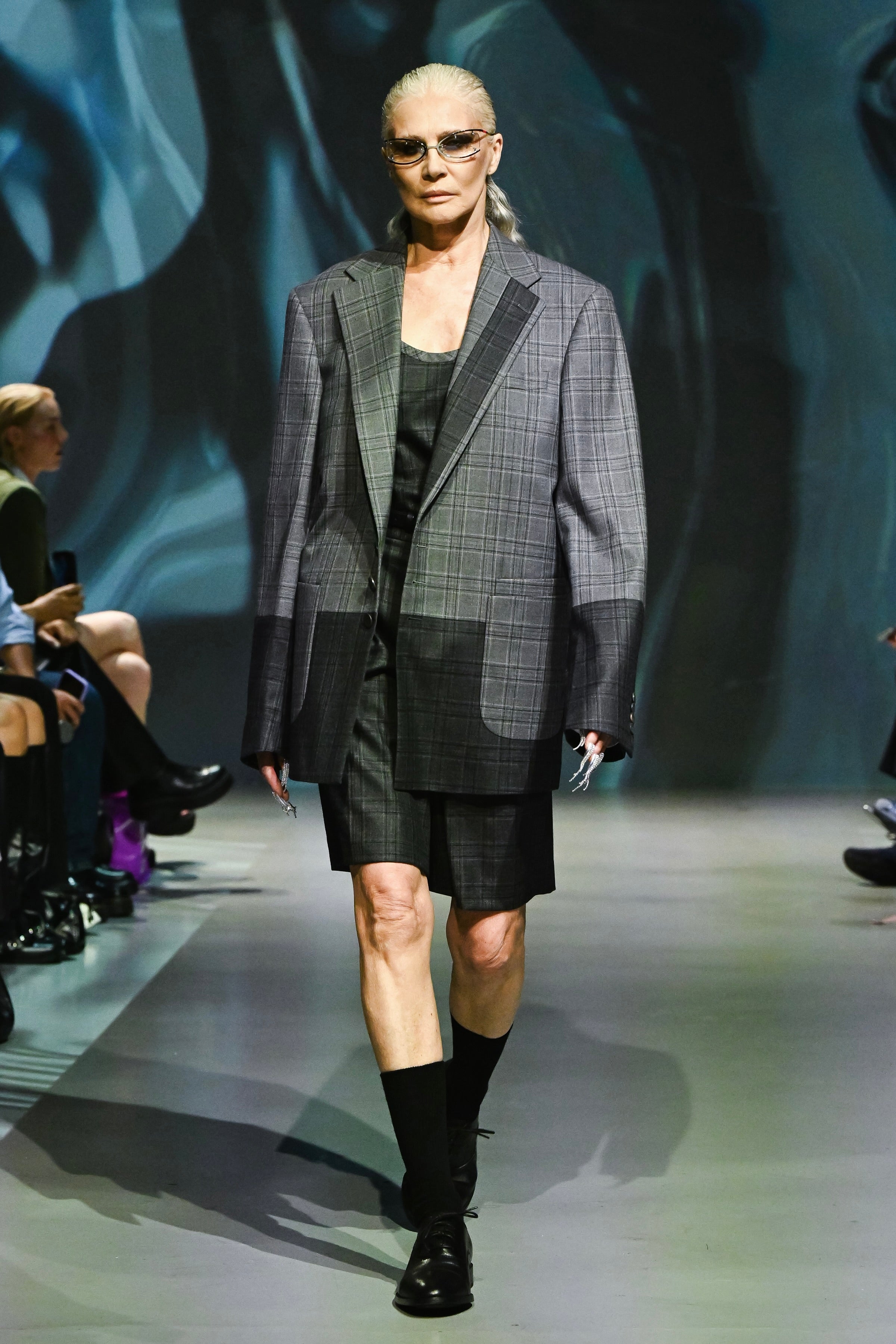 Charcoal plaid tailored Bermuda shorts runway view