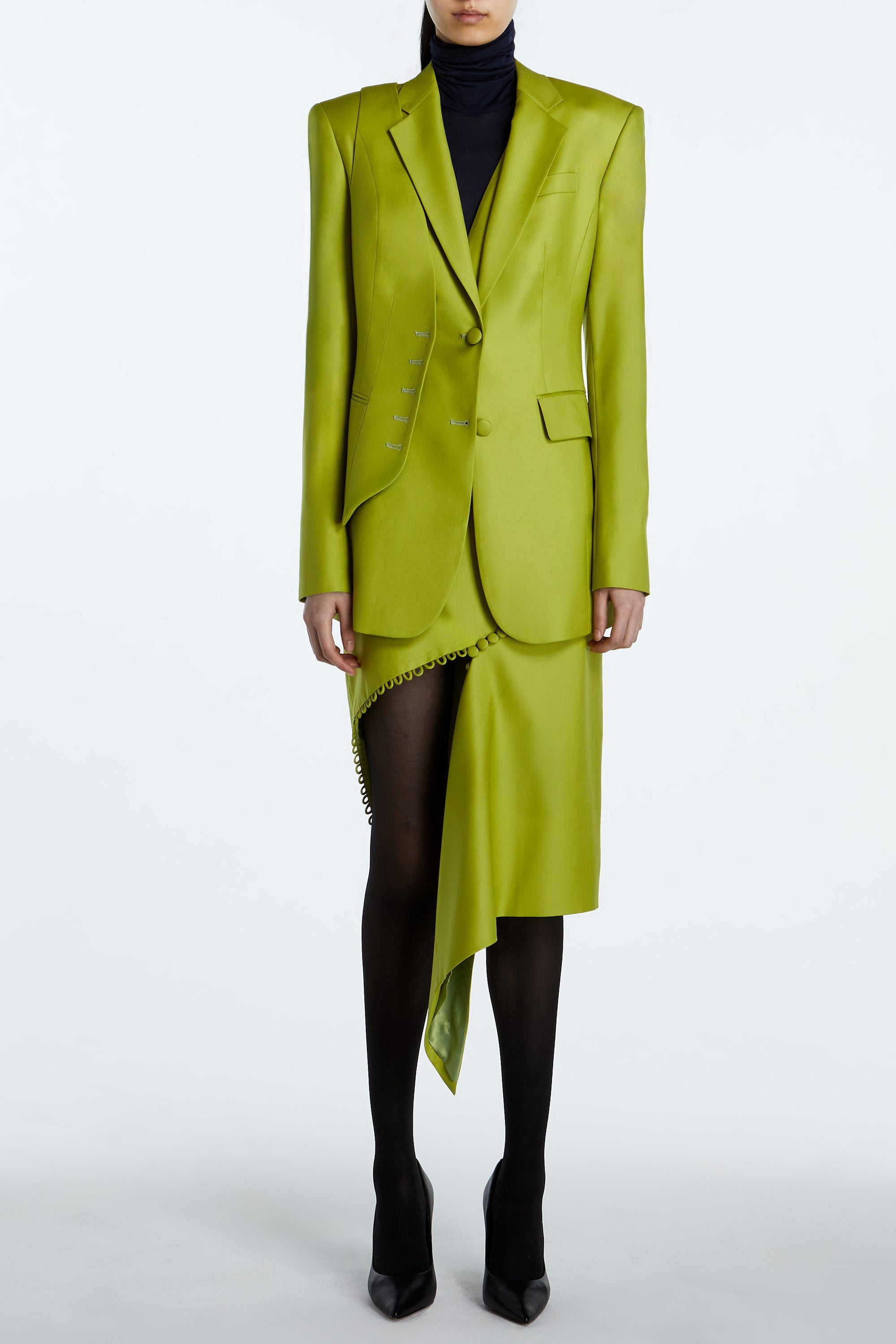 SHAO chartreuse asymmetrical draped skirt front view